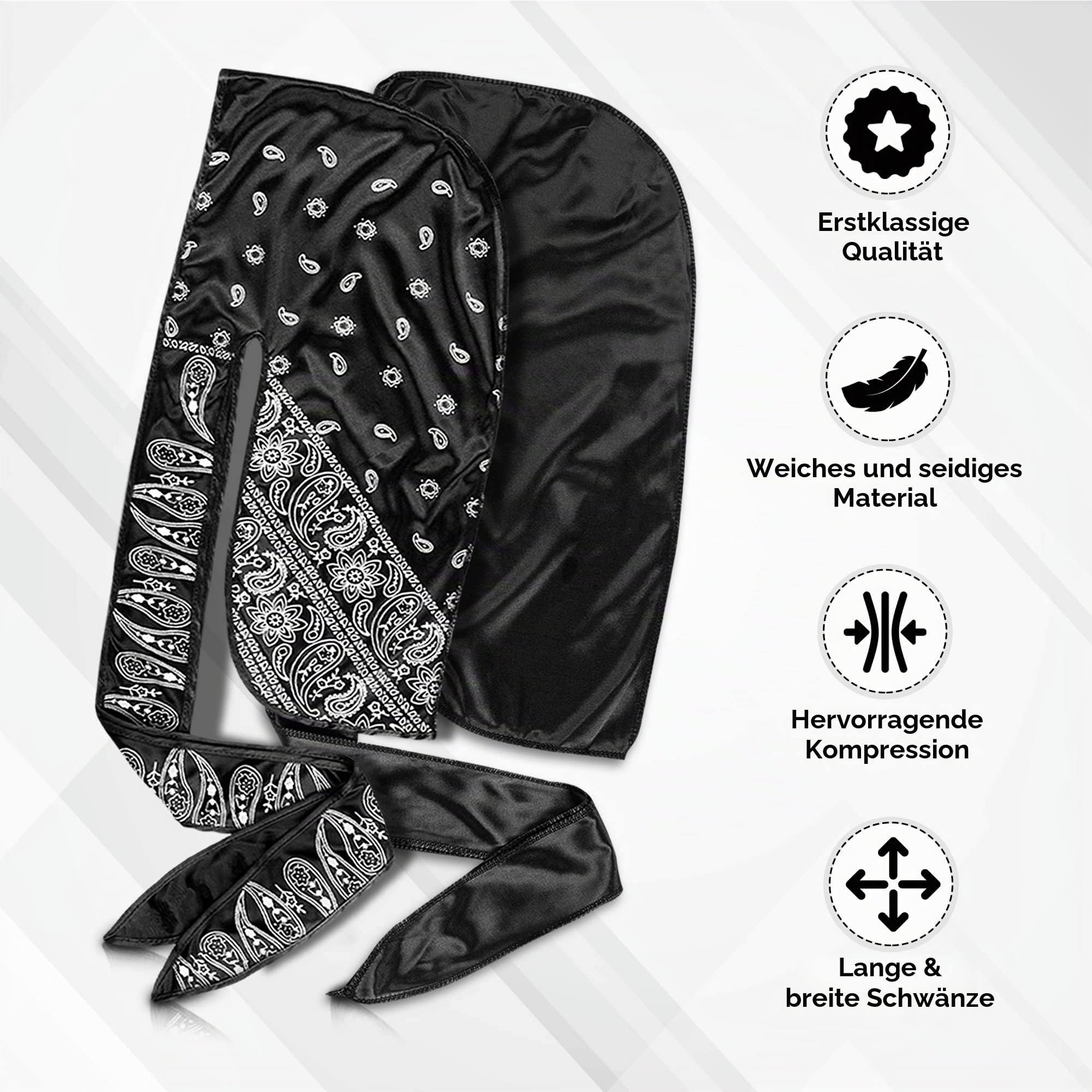 Roman-T 8-in-1 360 Wellenpinsel-Set – Pinsel-Set für 360 Wellen – 3 Wellenbürsten, weich, mittel & hart – 2 seidige Satin Durag – Schwarz & Schwarz Paisley, Handspiegel, Kamm, Haarbürstenreinige