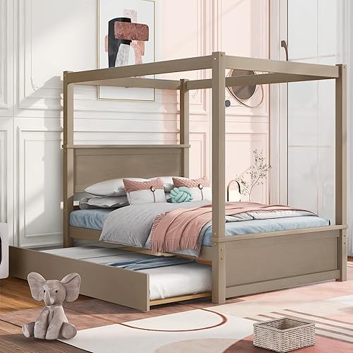 CITYLIGHT Marco de cama con dosel de tamaño matrimonial con cama nido, cama nido de madera con listones de soporte, cama de cuatro postes con