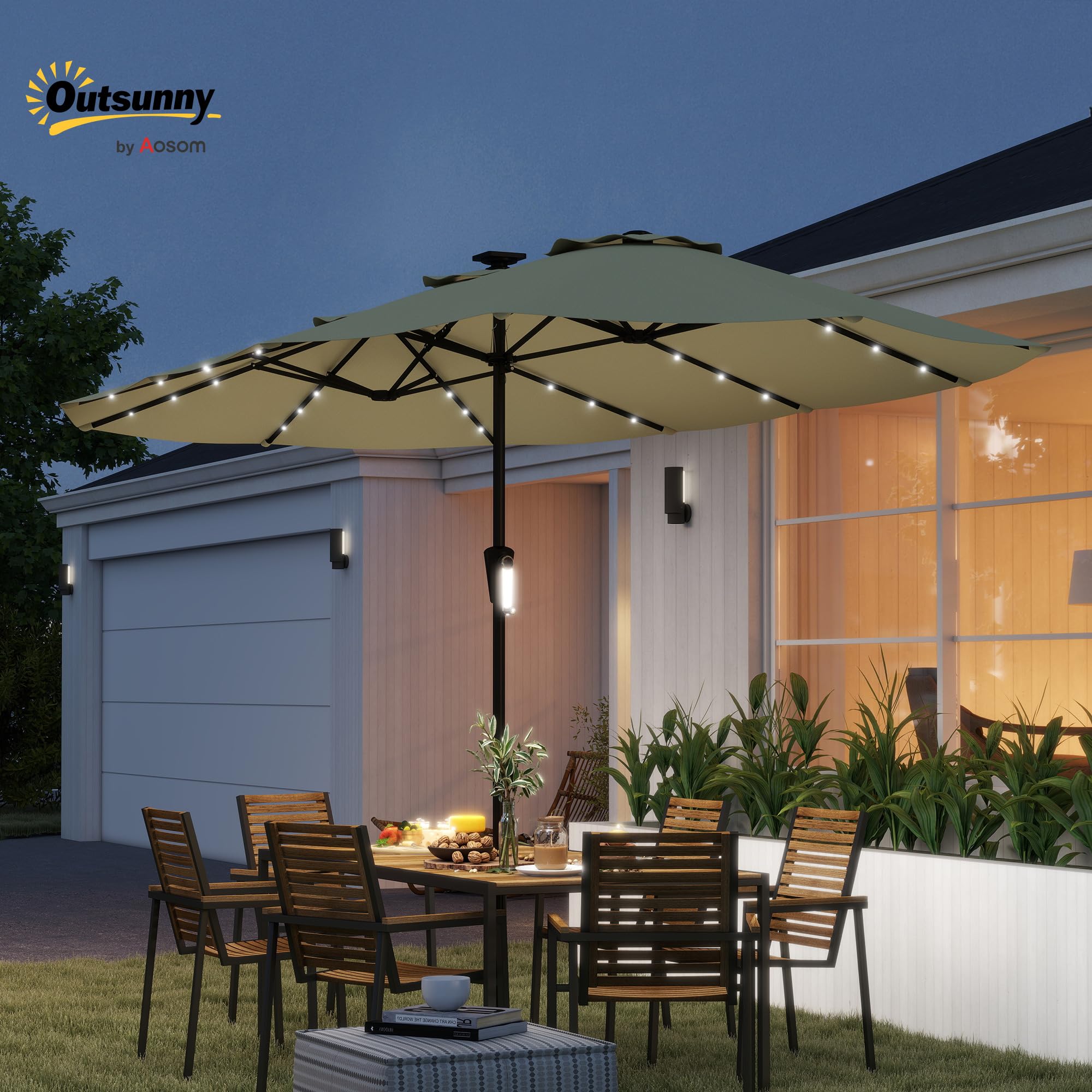 Outsunny Ombrellone da giardino doppio con 36 LED solari – grande ombrellone XXL rettangolare 395 x 215 cm UPF 50+ – Struttura a 12 balene con manovella per terrazza, balcone e campeggio, beige