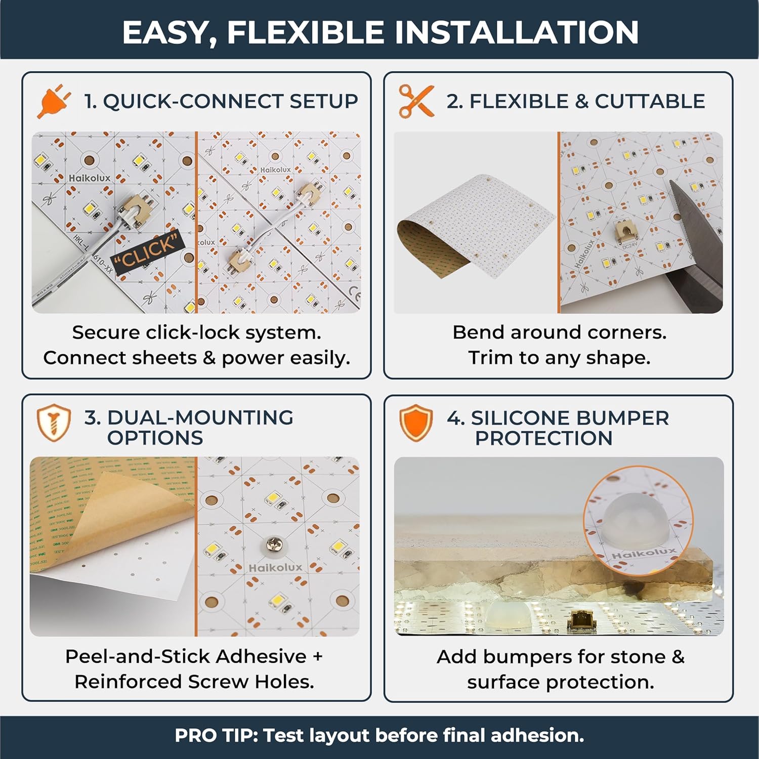 4-Pack Flexible LED Light Sheet: 24x12in 36W Per Sheet, 3000K Warm White. Paper-Thin Backlight Panel for Translucent Onyx Stone & Quartz. 24V DC Dimmable System, Commercial-Grade High CRI.