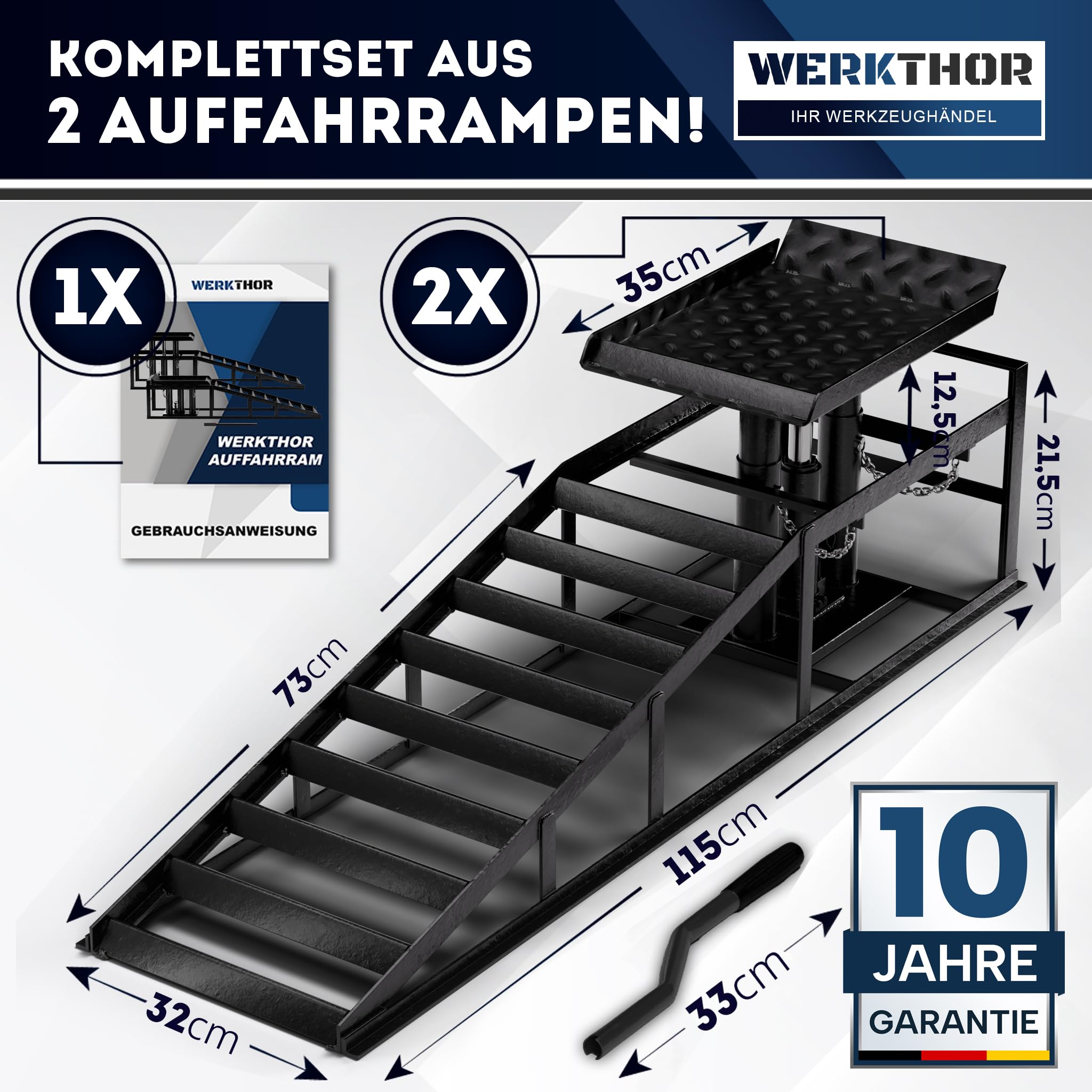 WERKTHOR hydraulische Auffahrrampe PKW - [2er Set] Auffahrrampen mit Sicherheits-/ Überdruckventil [<4T] - Höhenverstellbare Rampe Auto - Hebebühne Auto