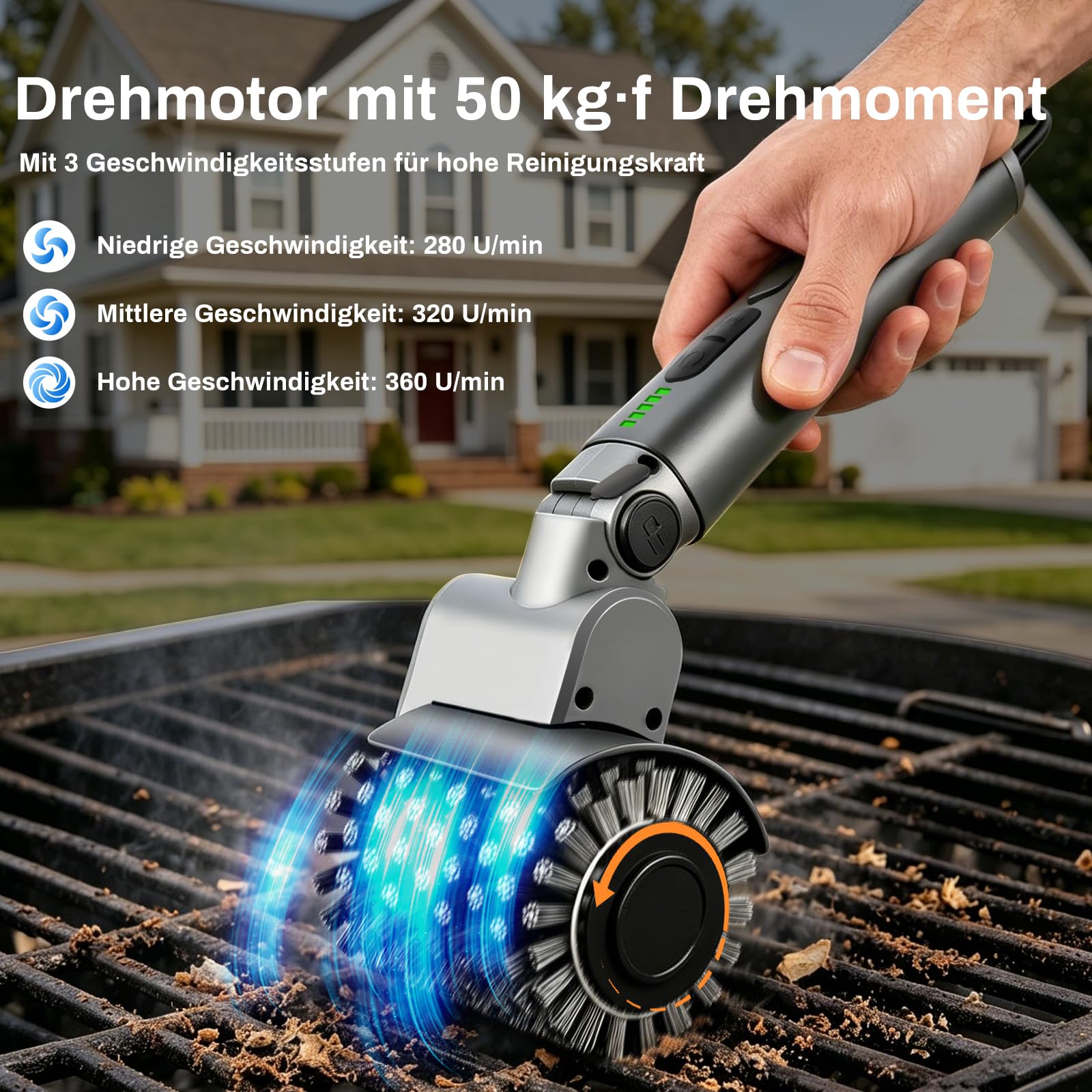 Elektrische Grillbürste, 3 in1 Kabelloser BBQ-Reiniger – 3 Wechselbare Köpfe,