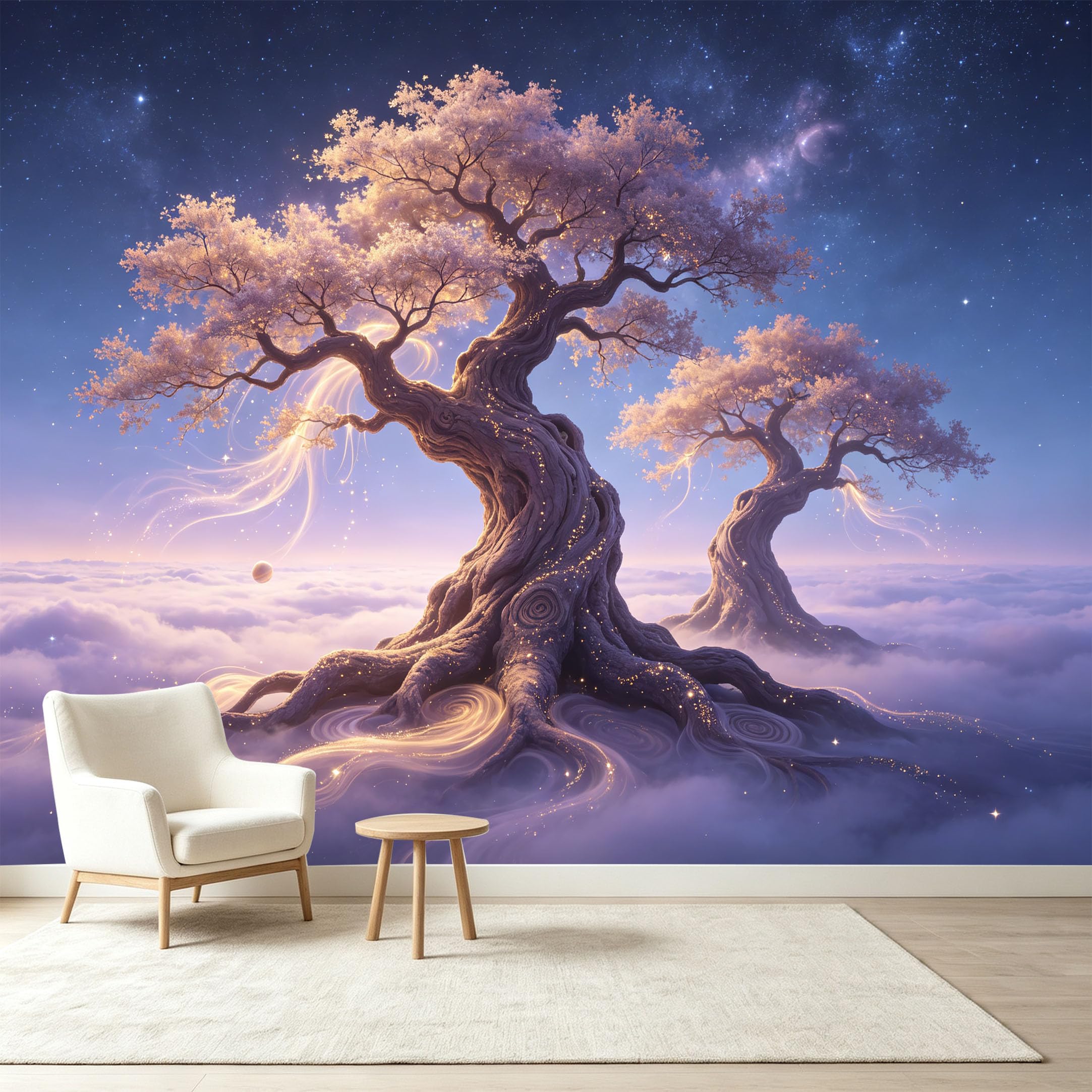Custom Size Wall Murals Cosmic Ancient Tree Nebula Energy Starry Sky Self-Adhesive Wall Fabric Removable Wallpaper Wall Decor for Living Room Bedroom Bathroom