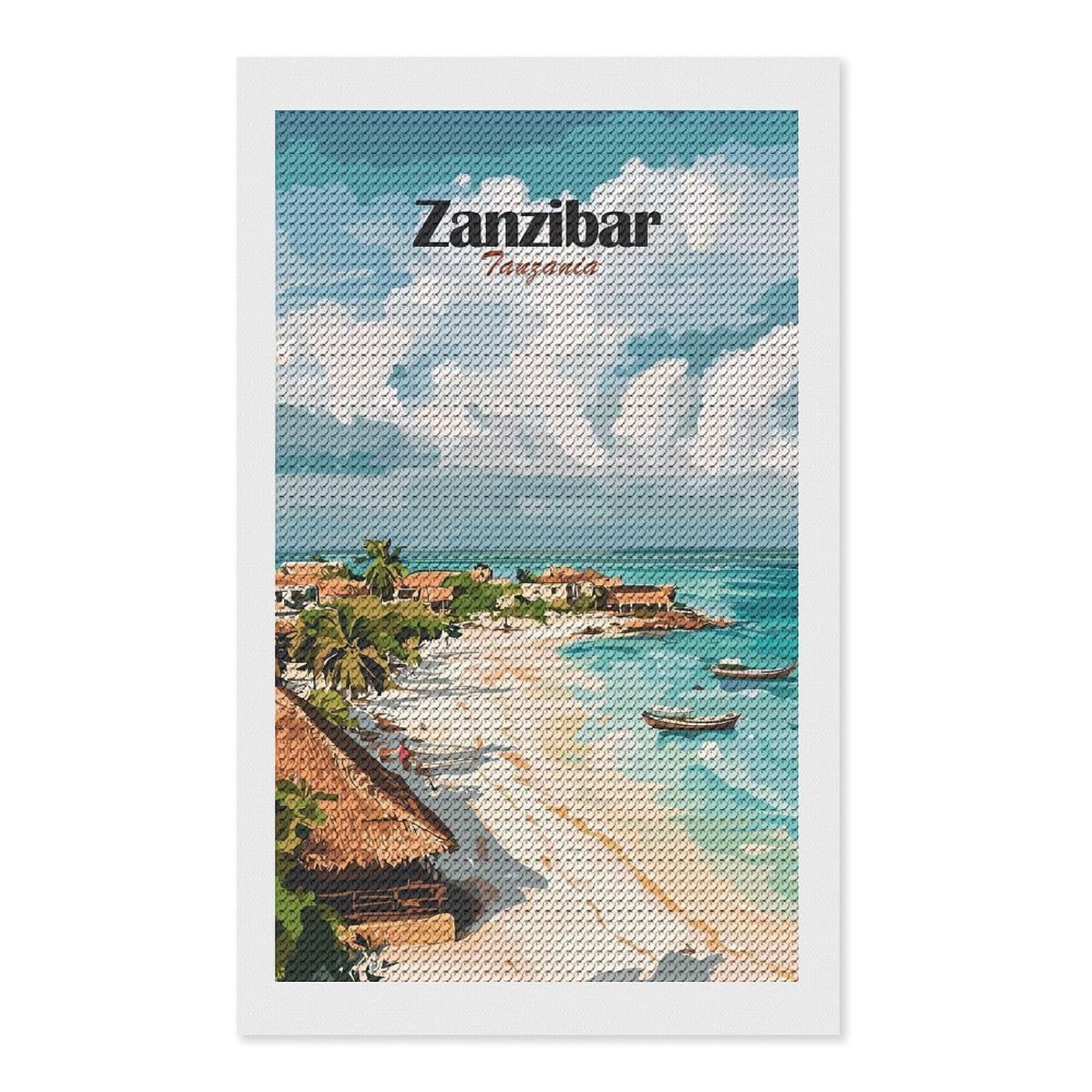 Junmoney Zanzibar Beach Scene Diamond Painting Set 12"x20", Full Kit Included, Sparkling Round Gems, Farmhouse Decor, Festive Craft Gift