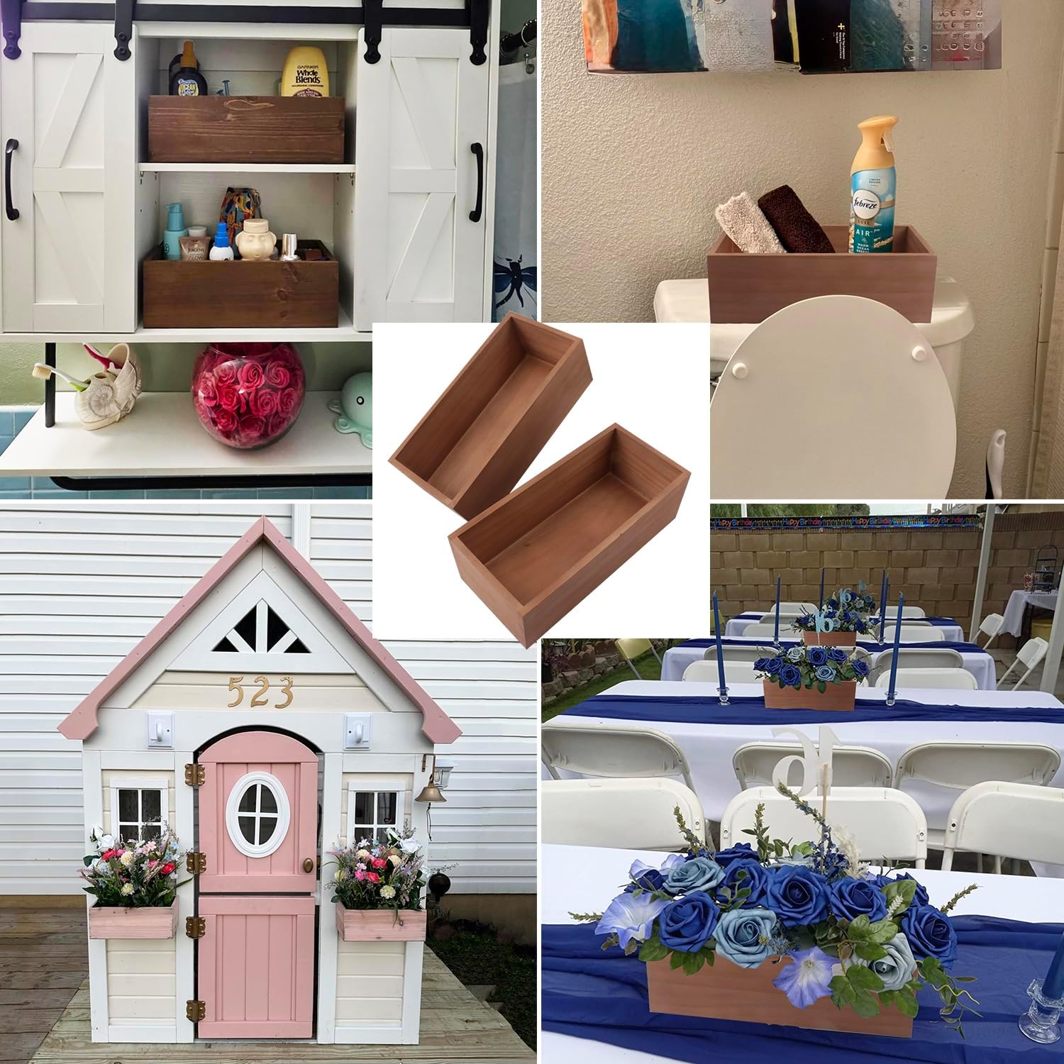2 Pack 12 Inch Long Wood Box Centerpiece for Table, Wood Rectangle Planters for Storage & Decor, Perfect for Centerpieces, Craft Organizer, and More