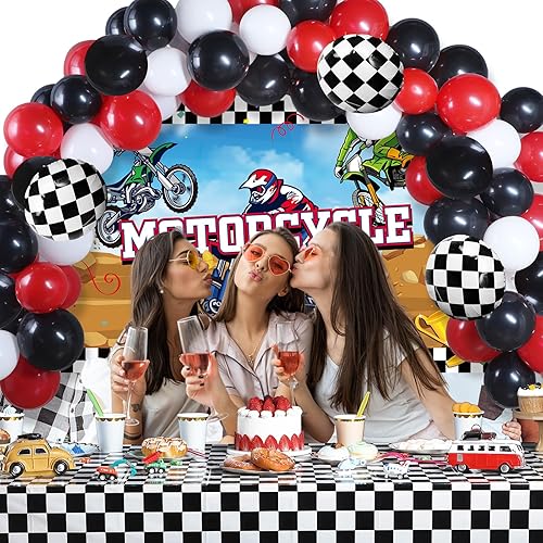 Miniatura 4 de Capoda 72 piezas de decoración de fiesta de motocicleta, camión, motocross, mantel de telón de fondo con globos, juego de decoración temática de