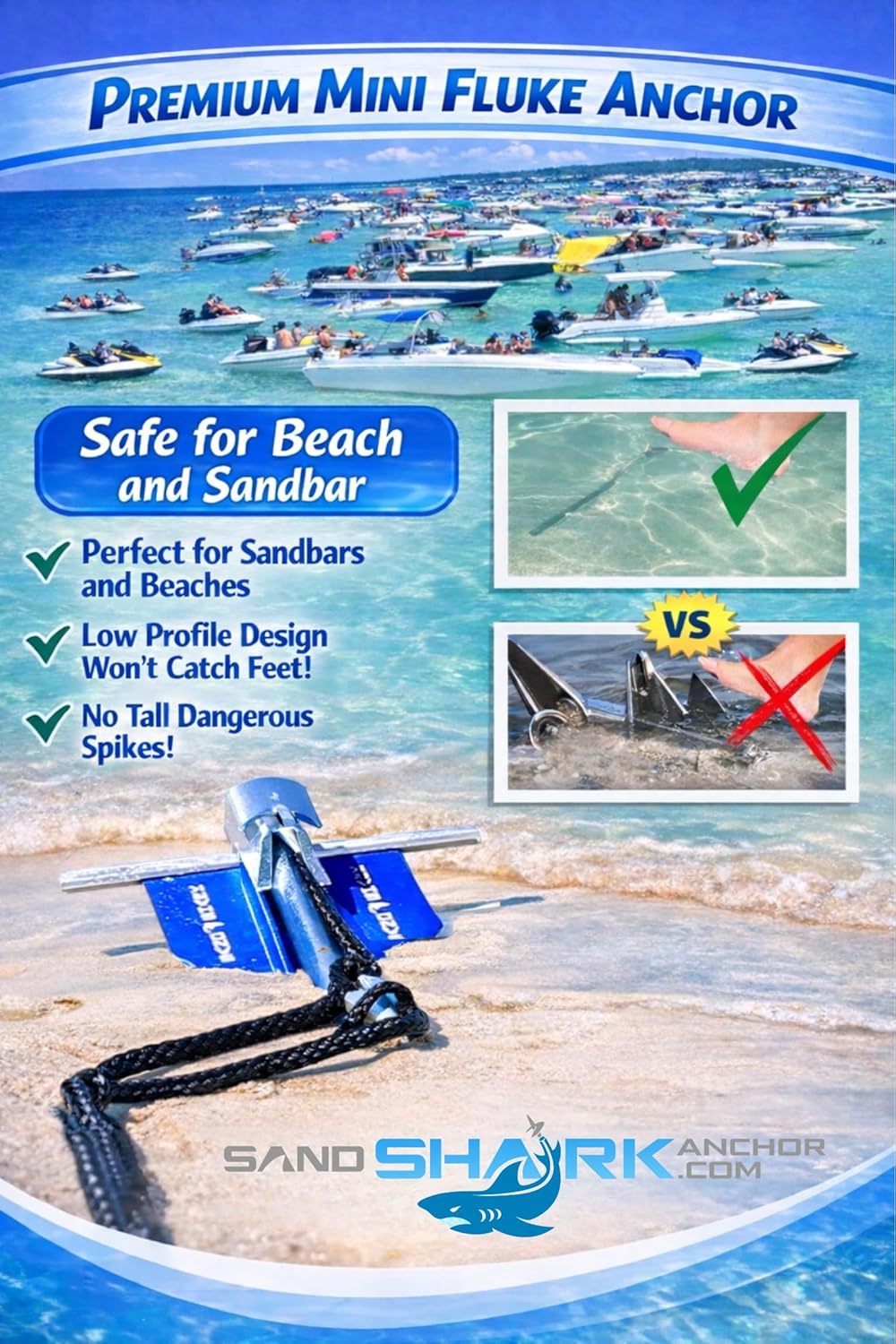 SandShark Premium Fluke Anchor-Retractable Shaft Easy Storage-Aluminum Pontoon Boat Anchor, Jet Ski Anchor. Boats<30 ft. Sand Anchor for Boat, Boat Anchor.