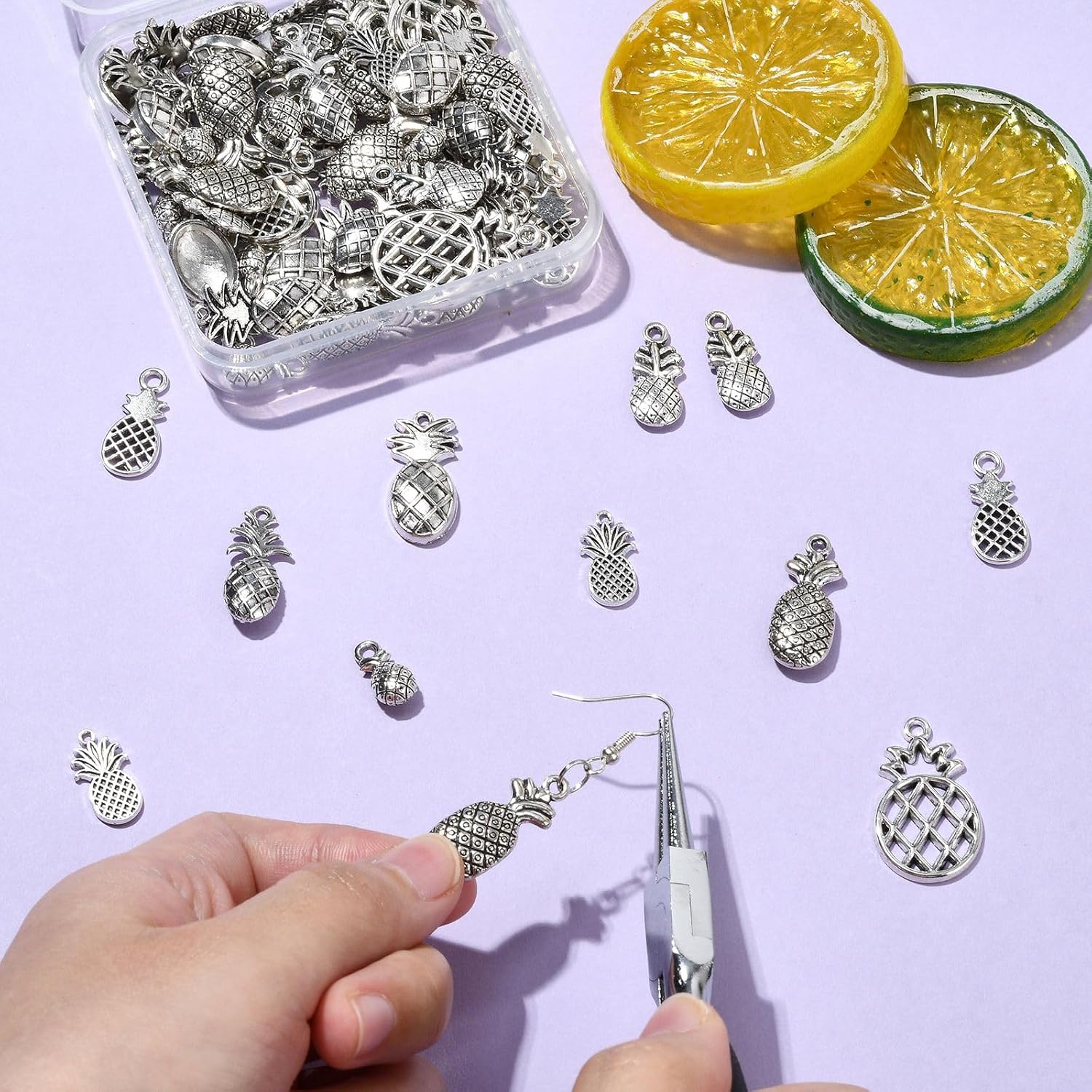 LiQunSweet 80 pcs 8 Styles Antique Silver Pineapple Alloy Charms Vintage Fruit Charms for DIY Jewelry Bracelet Necklace Earring Keychain Bag Decorations