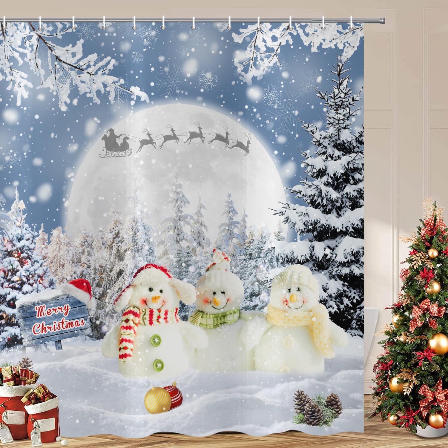 ASDCXZ Christmas Shower Curtain 180x220 cm, Winter Snow Cute Snowman Christmas Tree Deer Washable Bathroom Shower Curtains Polyester Textile Waterproof Shower Curtain for Bathtub with 12 Hooks