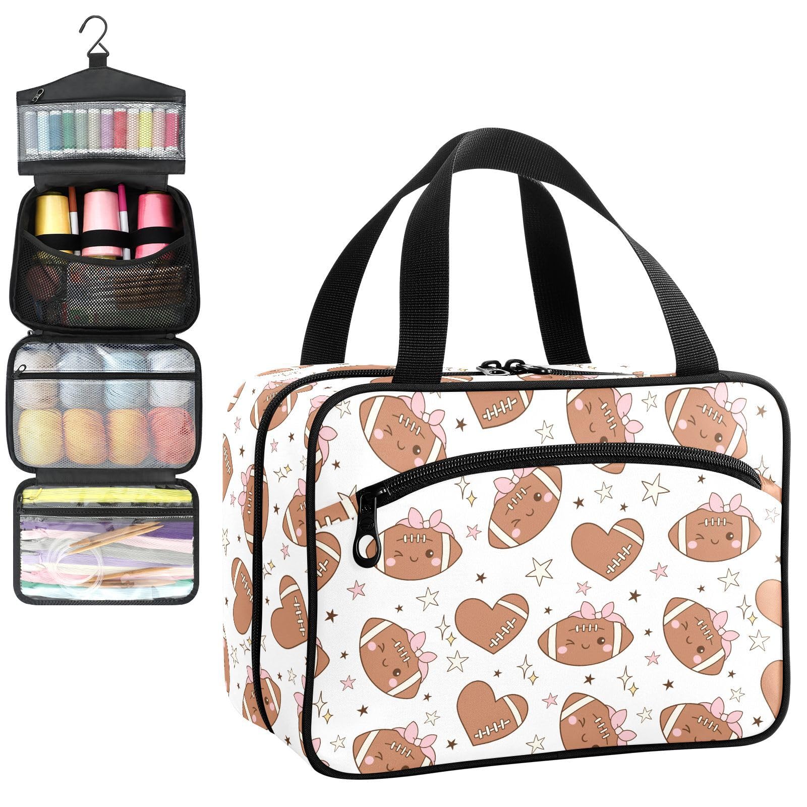 YNNALE Sewing Supply Organizer Bag, Cute Rugby Pink Girly Sport Football Portable Sewing Bags with Pockets&Hanger, Sewing Storage Box Case for Sew Supplies/Kit/Tools/Accessories (BAG ONLY)