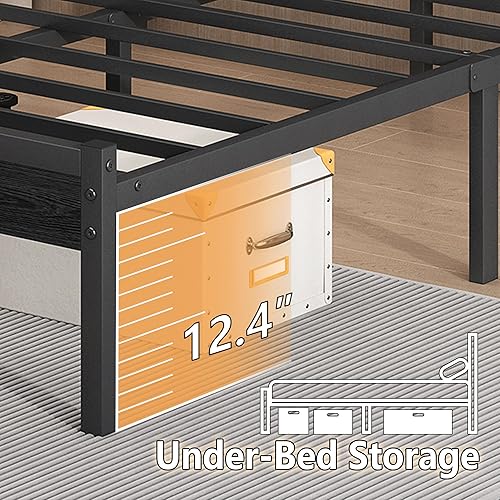 Miniatura 6 de Base de cama Queen con estación de carga USB, marco de cama LED con cabecera de almacenamiento de madera, cama de plataforma de metal negro con