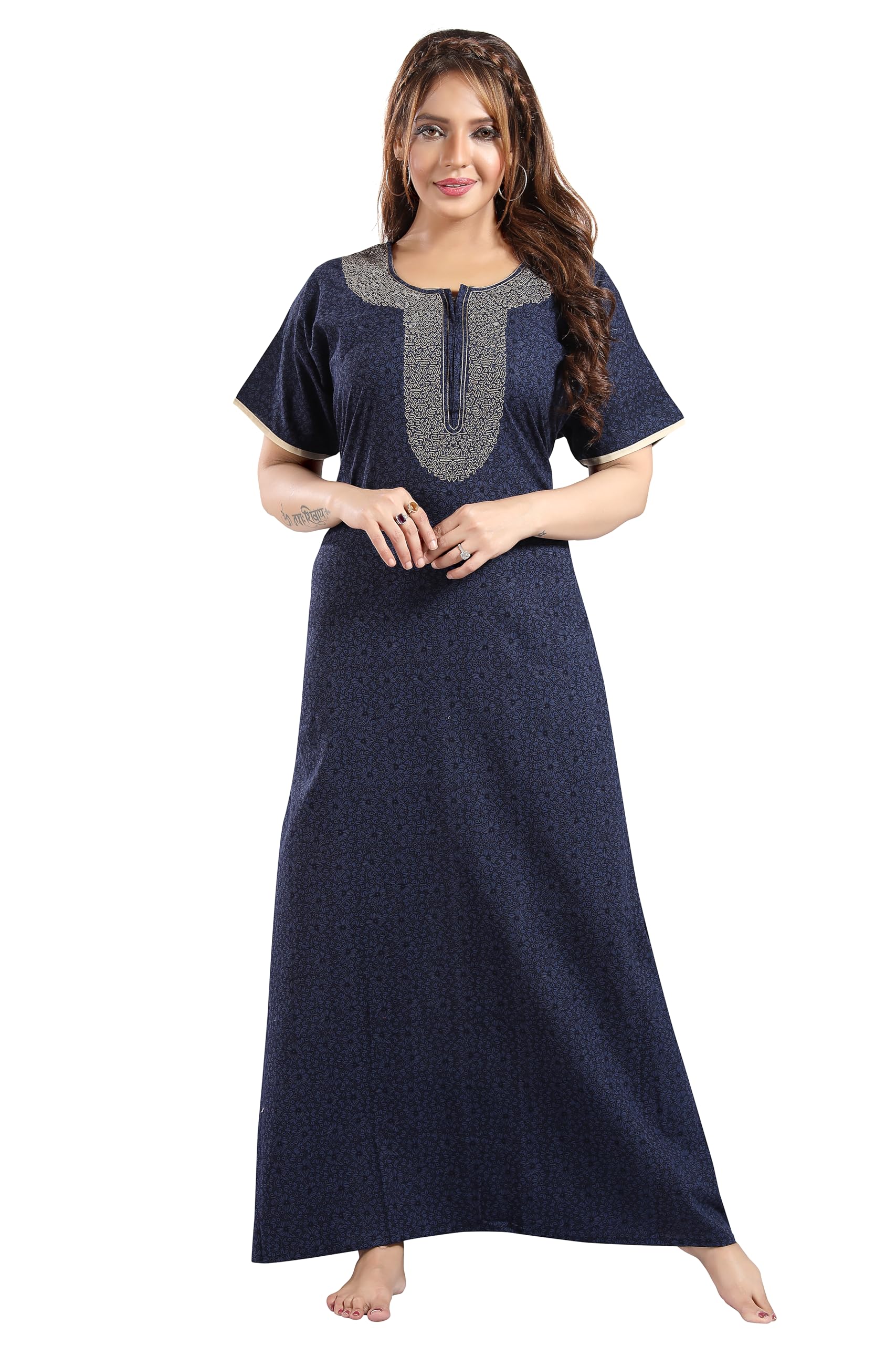 trundz Women's Embroidered Pure Cotton Nighty (041)-picture-3