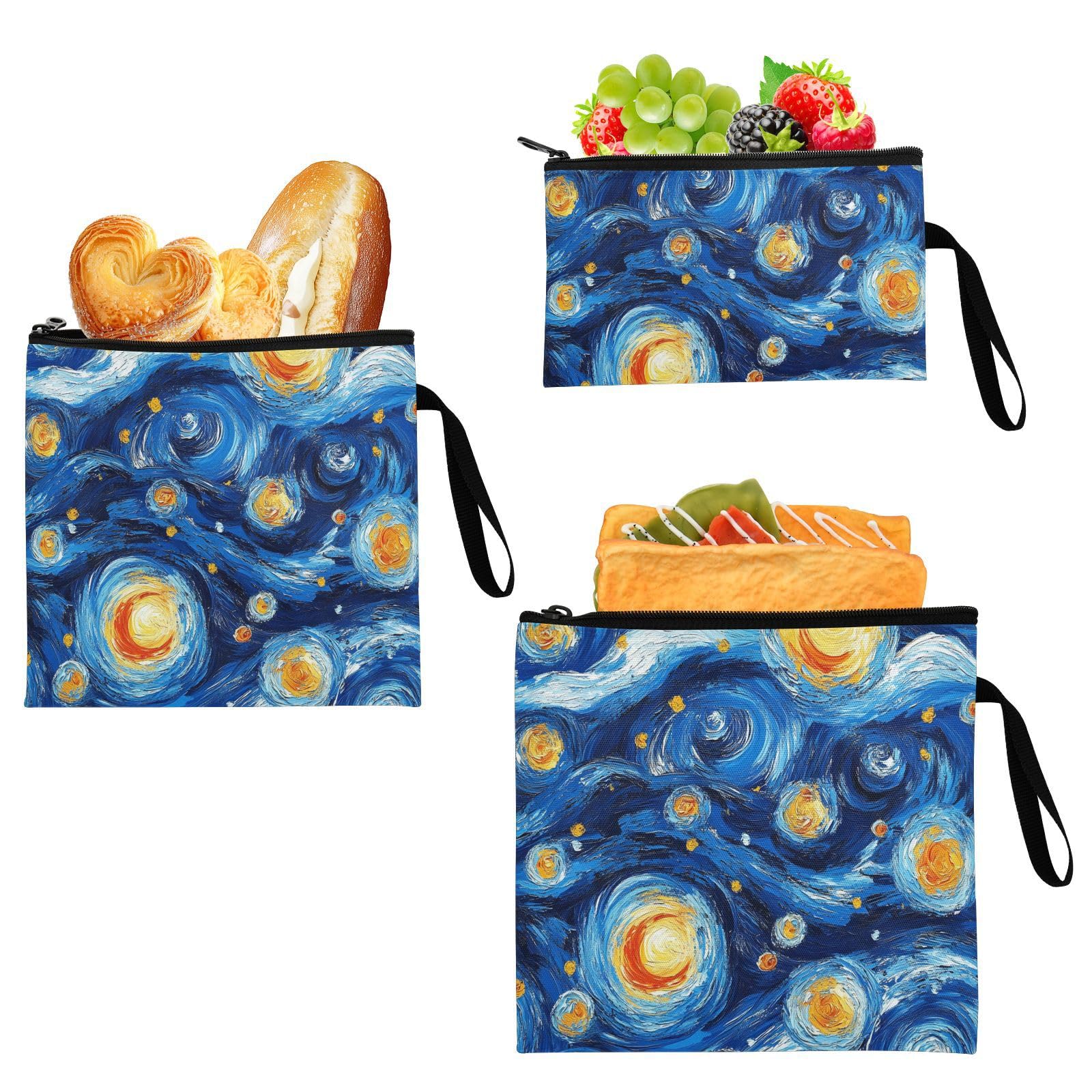 Blue and Yellow Oil Painting Starry Sky 3 Piecing Reusable Sandwich Snack Bag Portable Emergency Food Bag for Travel Items, Home Organization