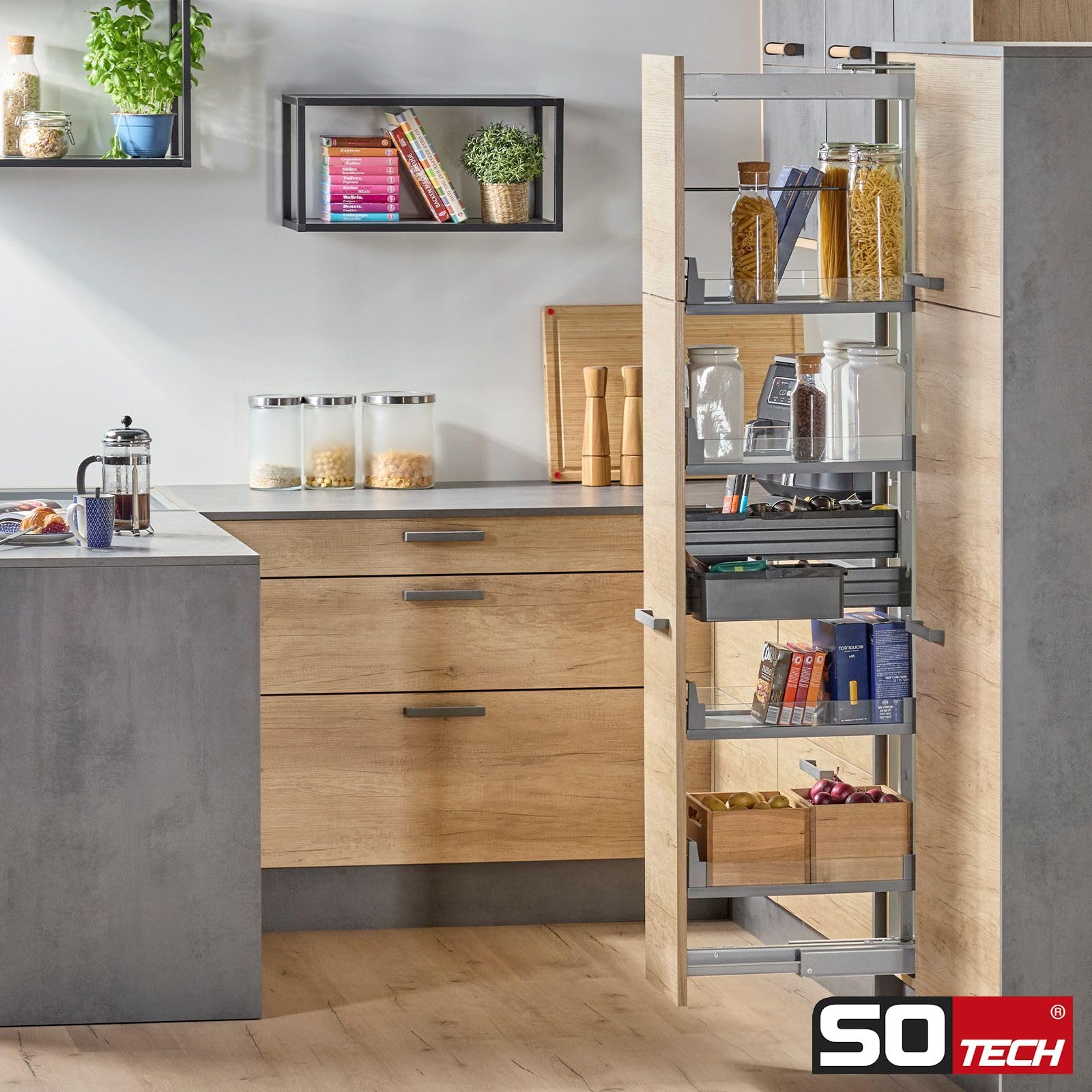 SOTECH Arena Einhängetablar 400 mm (352 x 464 x 108 mm) Silbergrau mit Glasreling für Apothekerauszug DISPENSA, DISPENSA junior & DISPENSA Swing, Kesseböhmer