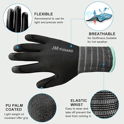 Vista 16 de Guantes de trabajo de seguridad ultrafinos con revestimiento de poliuretano (poliuretano), 12 pares, ideales para trabajos ligeros