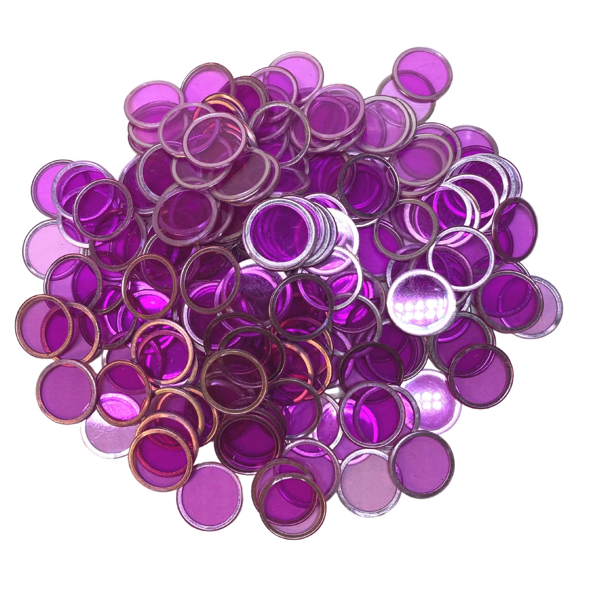 MR CHIPS Magnetic Bingo Chips - Metal Edge - Transparent Purple - 100pcs - 3/4" - Available in 7 Colors in A Reusable Bag