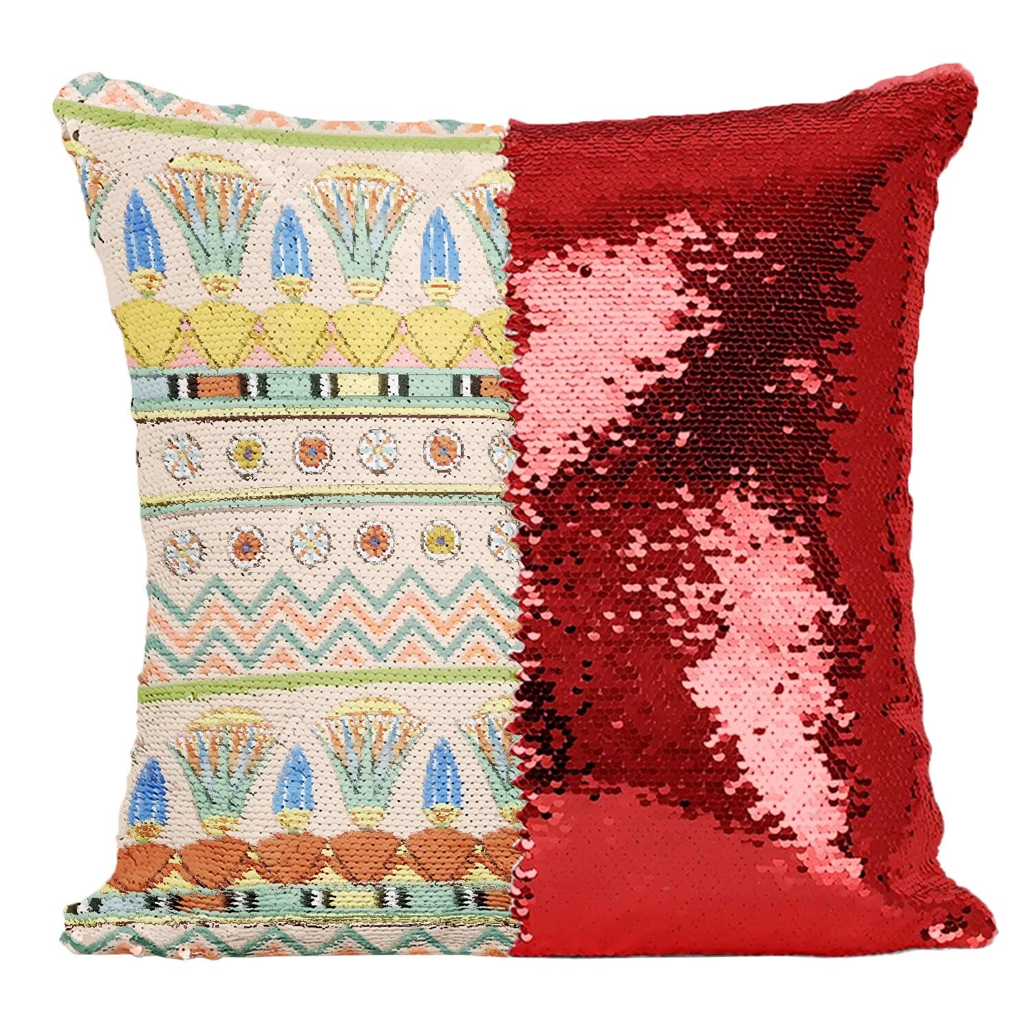 Housse sequin paillettes rouge motif égyptien ancien pour coussin décoratif