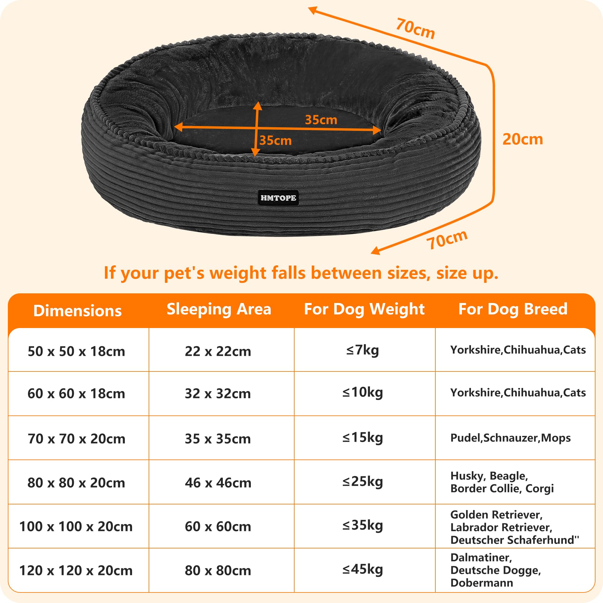 HMTOPE Orthopedisch hondenbed, rond, hondenkussen, hondensofa, kattenbed, donut, knuffelige hondenmand, wasbaar, diameter 120 cm, camelbruin
