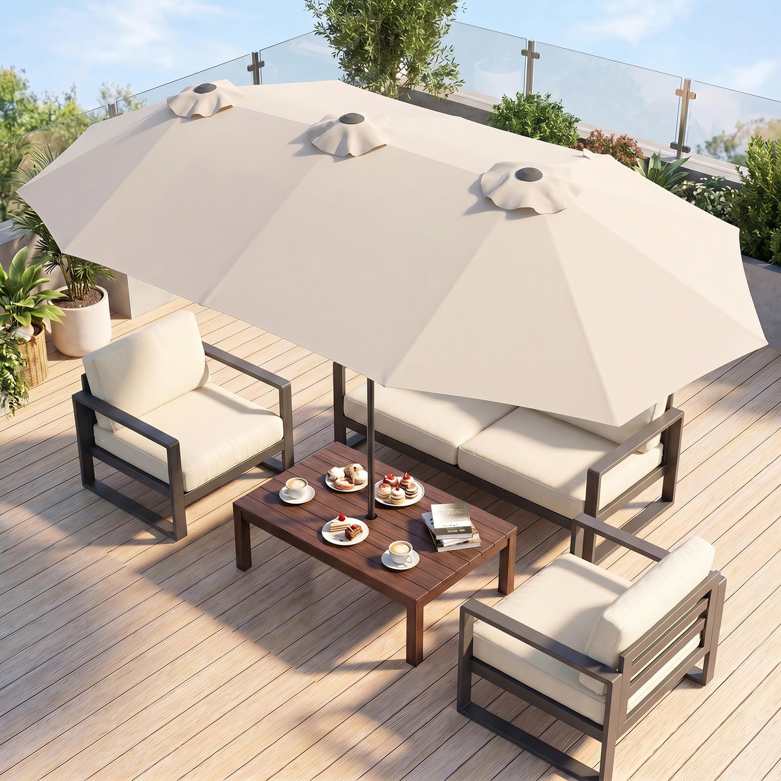 COSTWAY Ombrellone da Giardino Doppio 375 x 215 cm, con Manovella, Anti-UV, 12 Stecche Metalliche, per Terrazza, Piscina e Cortile (Beige, 375 x 215 cm non luci)