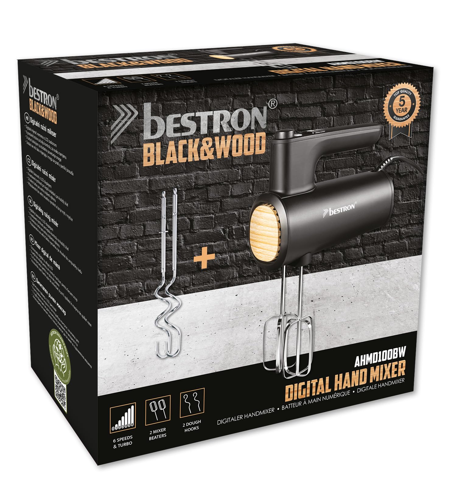Bestron Power Handmixer, Leistungsstarker Handmixer mit 6 Stufen, Turbo-Funktion & LCD-Display, Rührgerät inkl. 2 Schneebesen & 2 Knethaken, Leichtgewicht von 1KG, Farbe: Schwarz/Holz