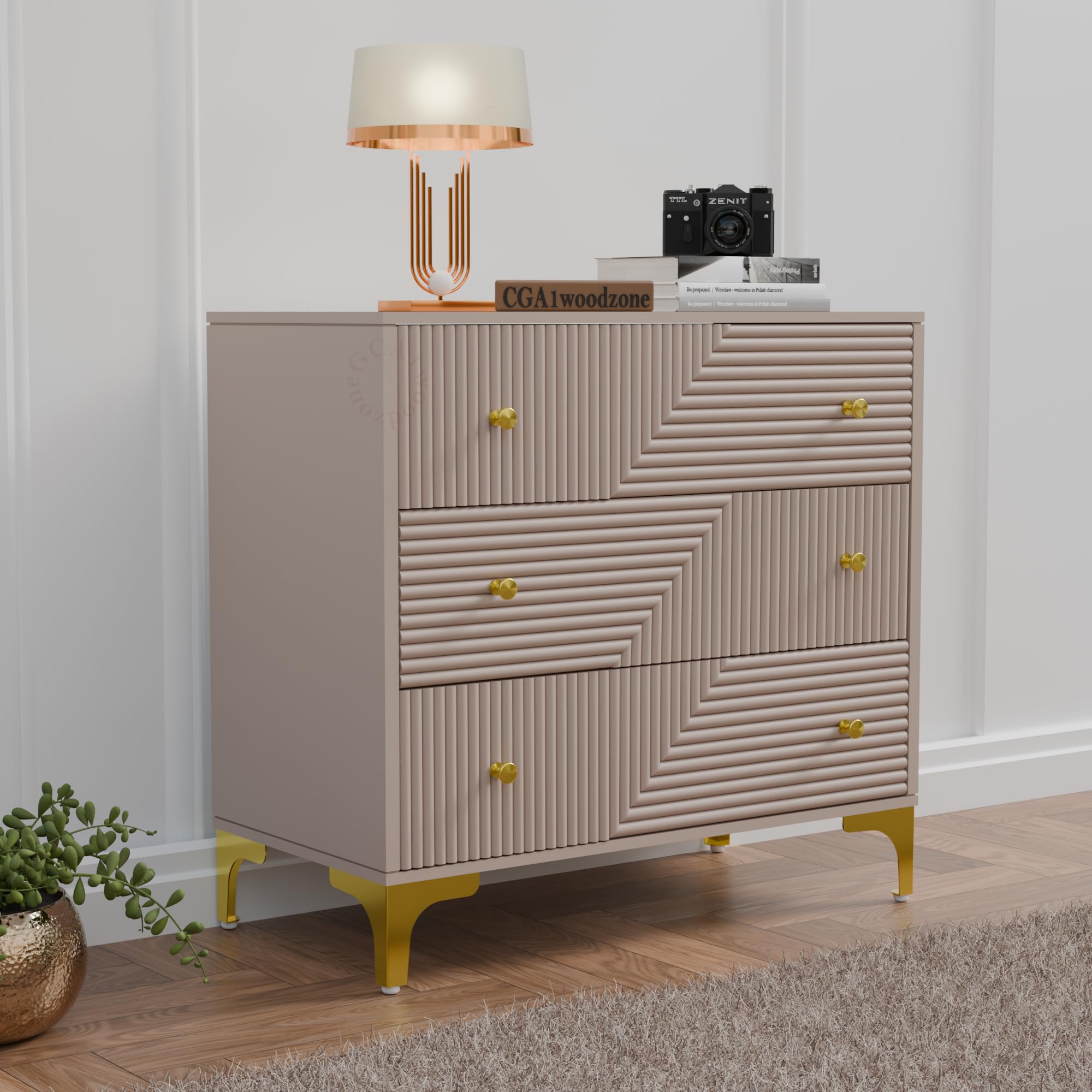 Wooden Chest of Drawers for Bedroom | 3 Drawer Cabinet Storage | Fluted Design Drawer Cabinet for Living Room, Entrance & Office | HDMR Premium Wood & Iron (Taupe)-image-47