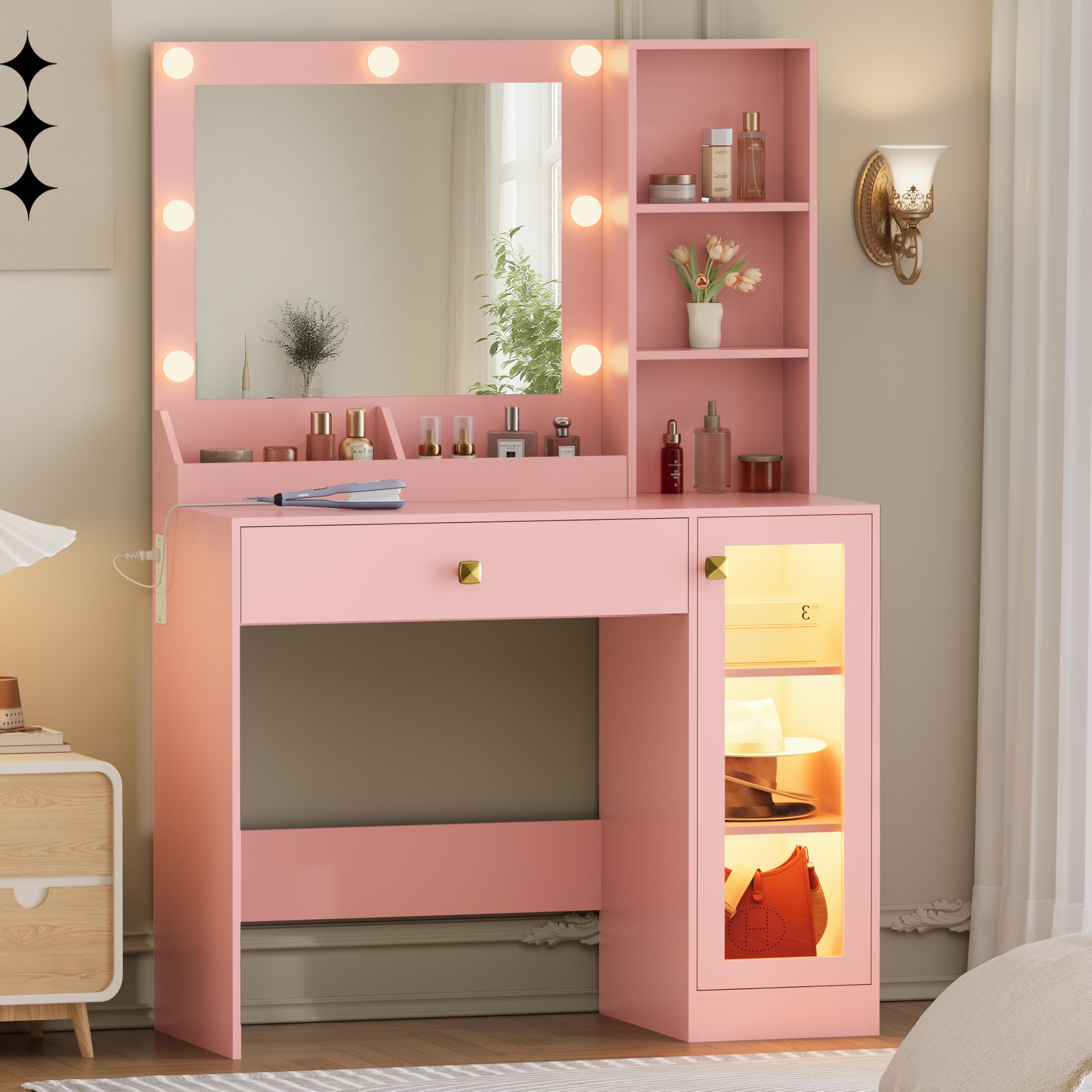Thacuok Makeup Vanity with Mirror and Lights, 34'' Wide Dressing Table with Charging Station & RGB Glass Cabinet, Small Vanity Desk with 3 Color