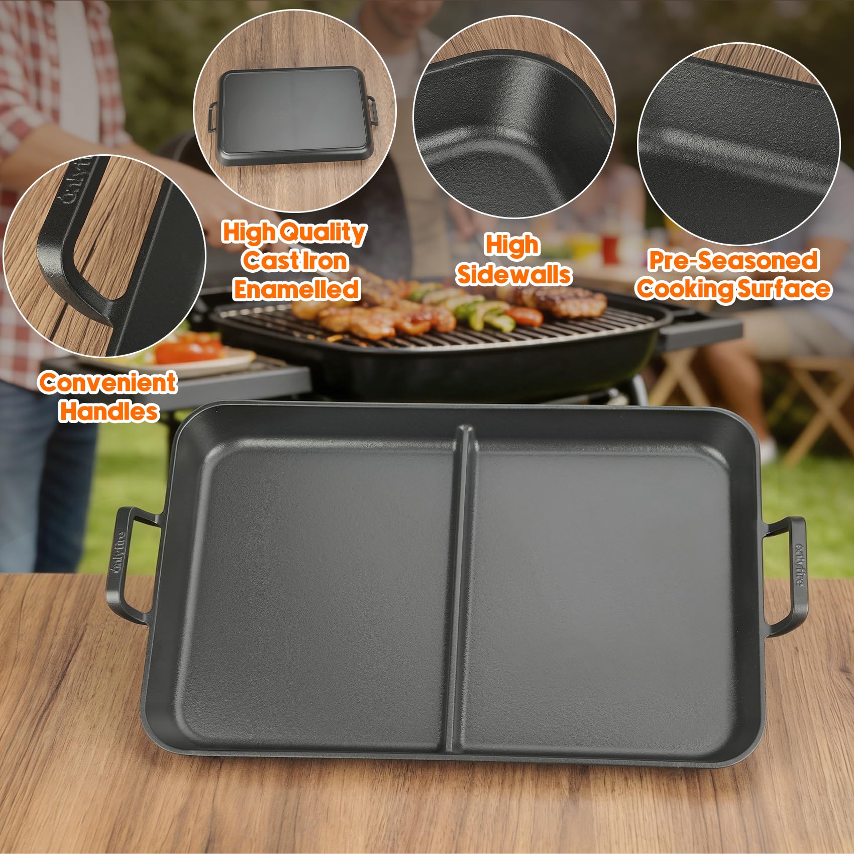 Onlyfire Plancha de Hierro Fundido para Inducción y Gas | 52x34cm Plancha con Revestimiento Antiadherente | Parrilla para Reuniones Familiares | Doble Zona, Ideal para Cocinar Carne y Verdura