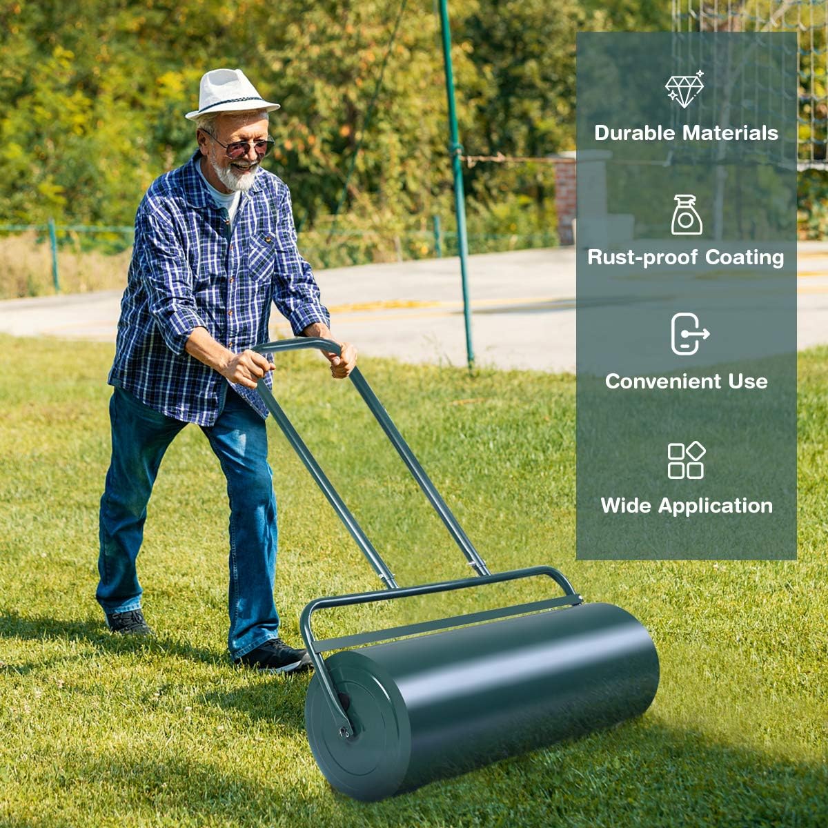 S AFSTAR Lawn Roller, Push/Tow Behind Sod Roller with U Shaped Handle, Water and Sand Filled Garden Drum Roller for Planting, Seeding, Eliminating Turf Damage (12 by 36-inch/ 17 Gal)