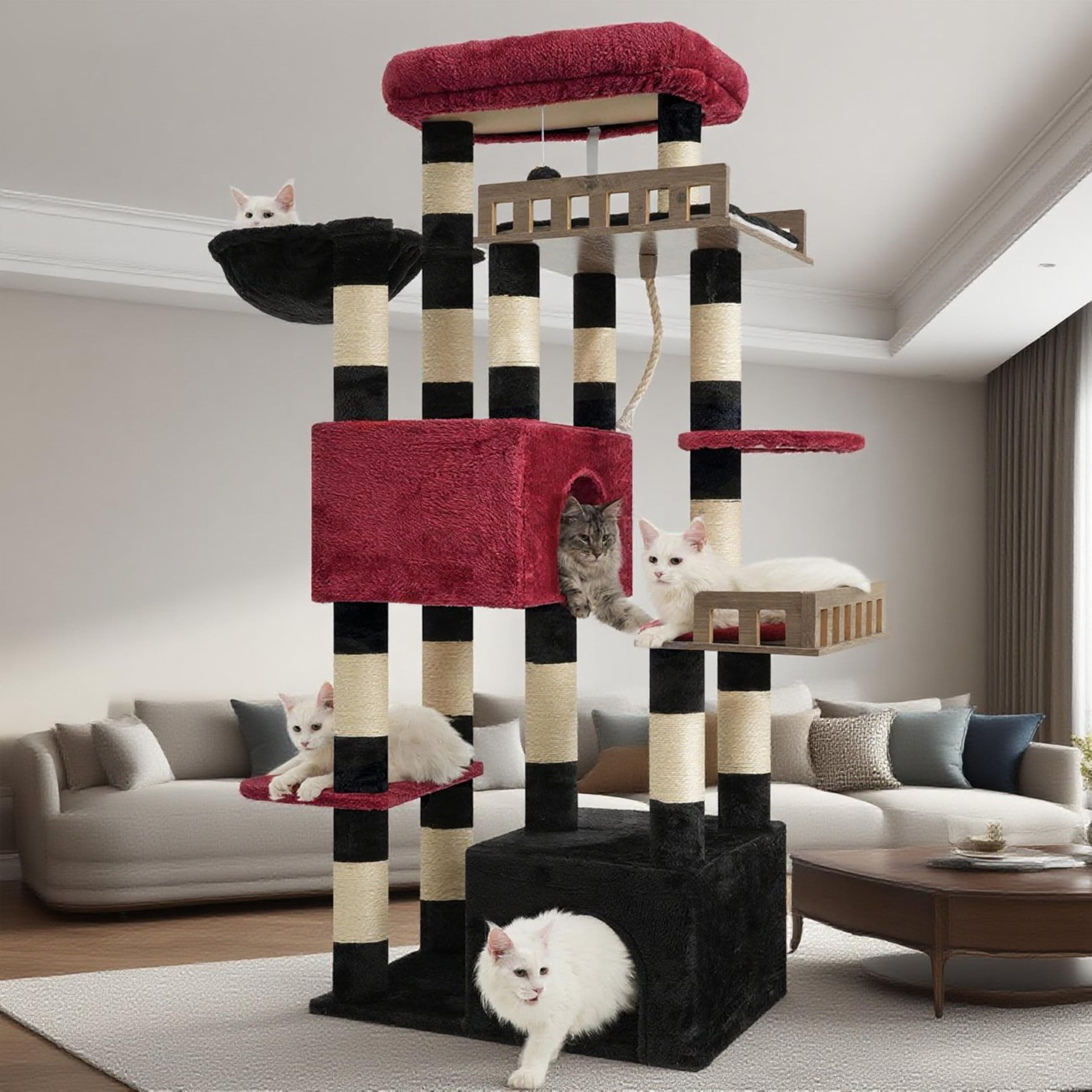 Gitelsnour Kratzbaum groß, Katzenbaum für große ausgewachsene Katzen, 174cm Katzenkratzbaum mit Hängematte, 2 große Sitzstangen, 2 Katzenhöhlen,15 Kratzstangen