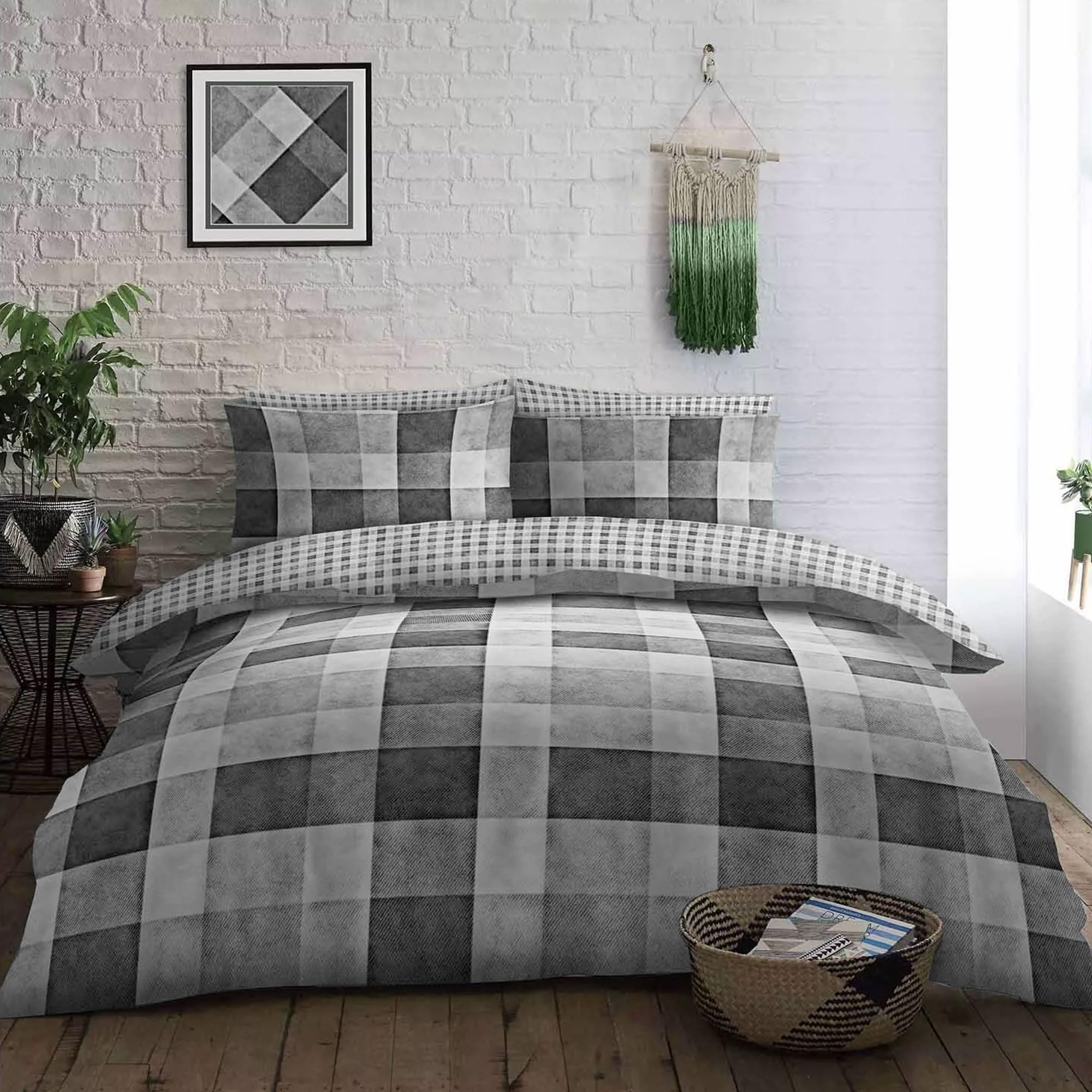 Lions King Size Bedding Sets - 3 Piece Soft Checked Duvet Cover with Matching Pillow Case, Ultra Soft Poly Cotton Reversible Quilt Covers for Men Women, Grey, King Bed, 230x220cm
