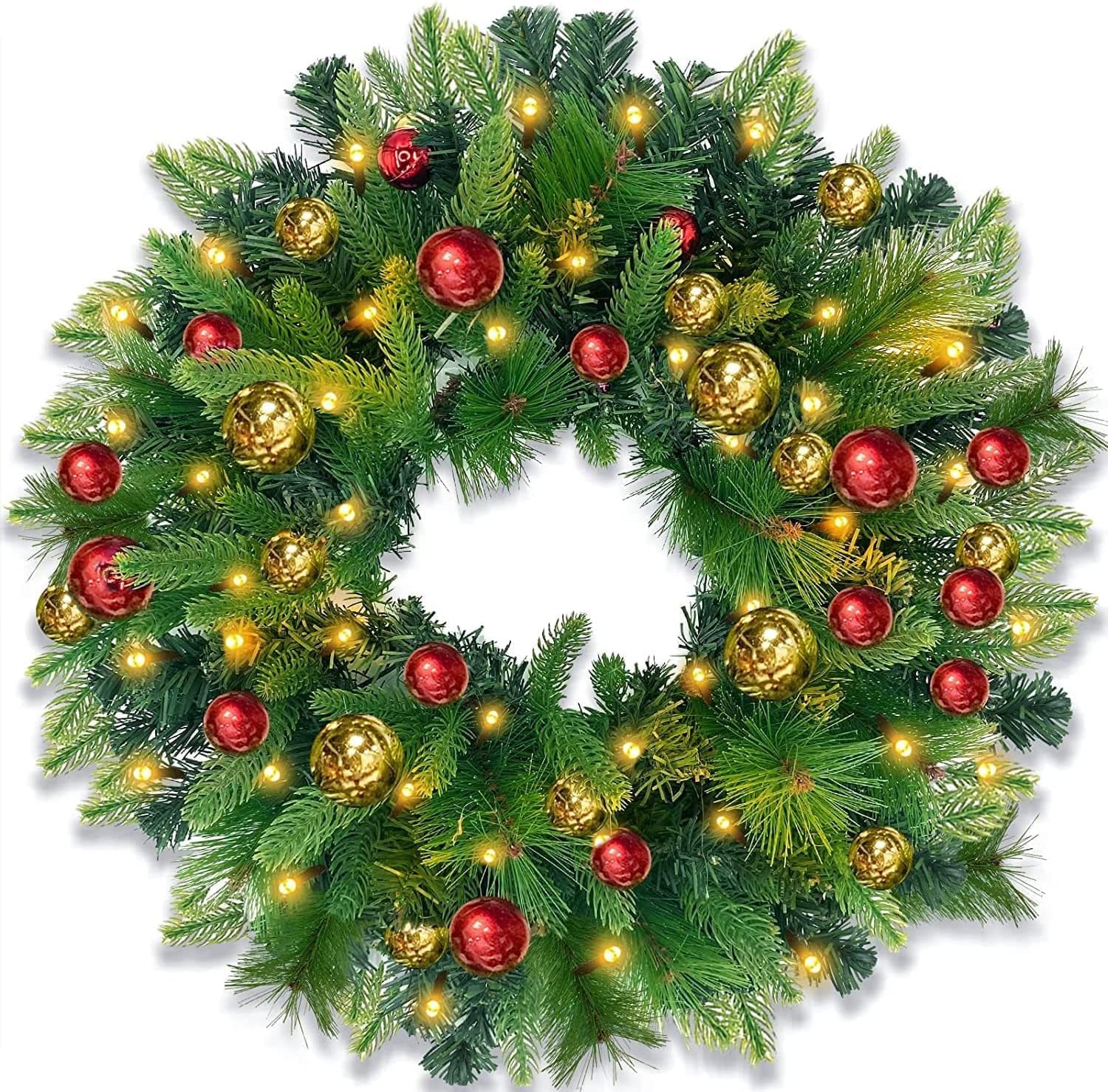 dual color switch & remote control & timer 30 inch super large thick prelit christmas wreath 80 warm white & multi color change lights 12 mode realistic feel 50 ball 280 branch double frame wreath