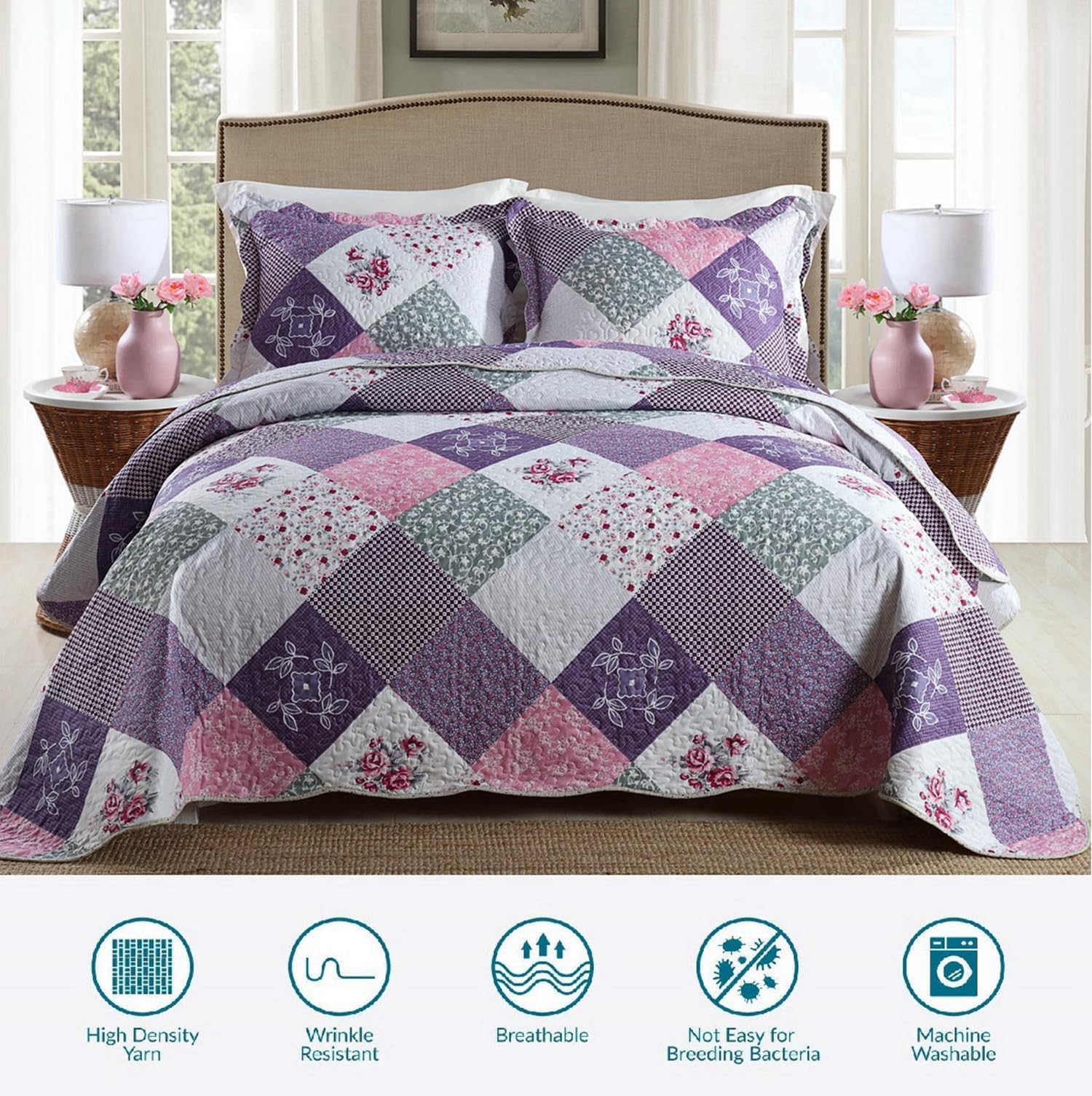 Qucover Cubrecama Patchwork para Cama 150 180,Colcha nordica bouti de piqué,Manta con Fundas de Almohada,Retazos Reversible para Matrimonio Verano King Size (Patchwork Púrpura, 230x250cm+50x70cm*2)