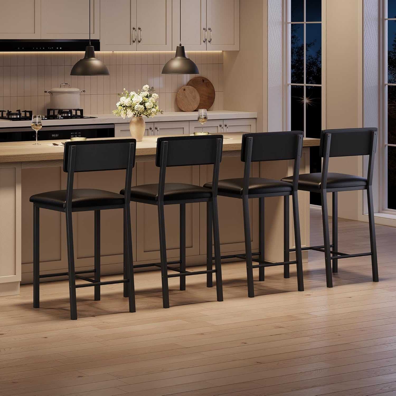GarveeHome Bar Stools Set of 4, Counter Stools with Back and Thickened Metal Legs, Upholstered PU Leather Counter Height Barstools with Footrest, for Kitchen Island, Bar, Black