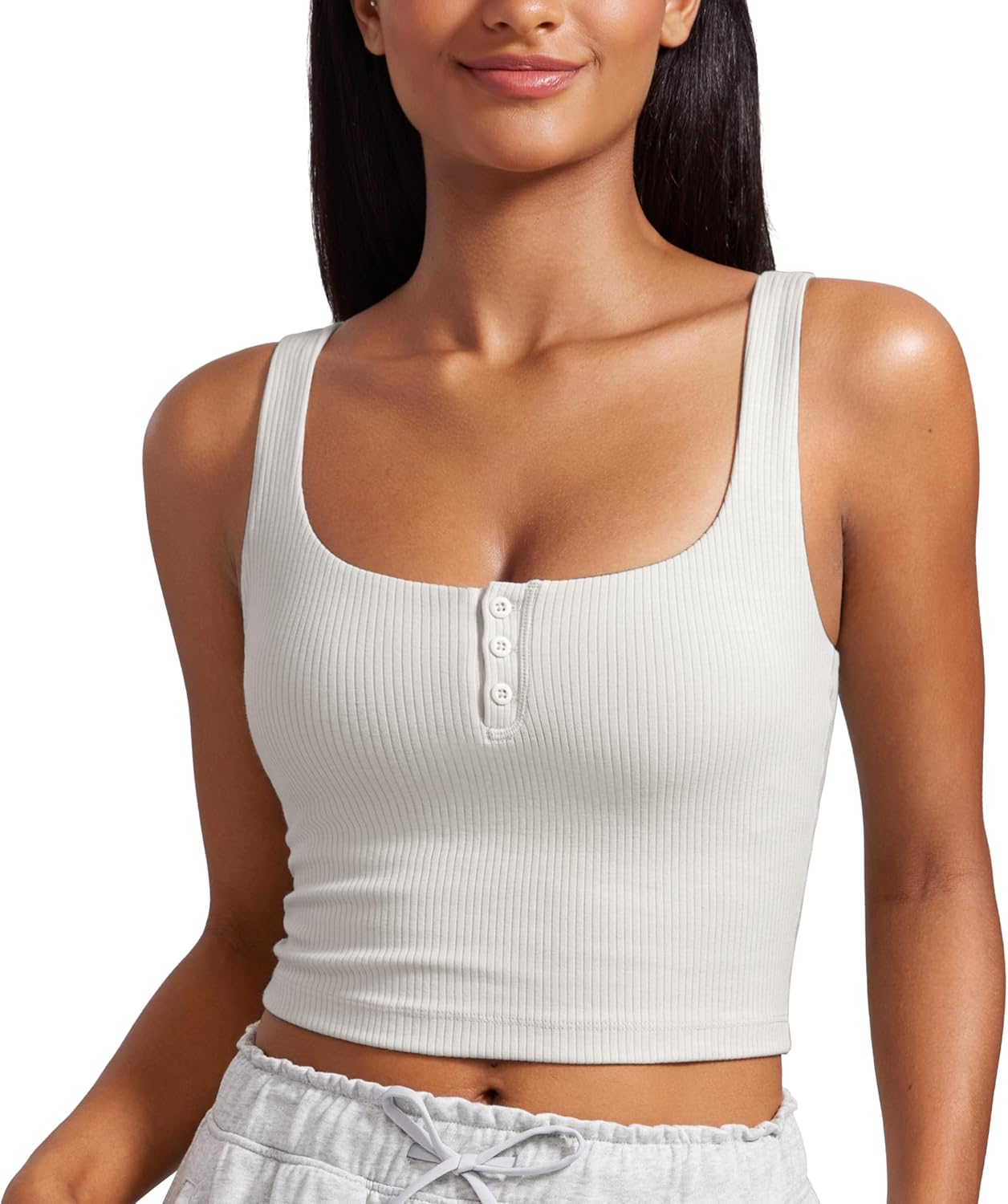 CRZ YOGA Womens Ribbed Henley Longline Sports Bras - Square Back Padded Yoga Workout Crop Tank Top with Built in Pads