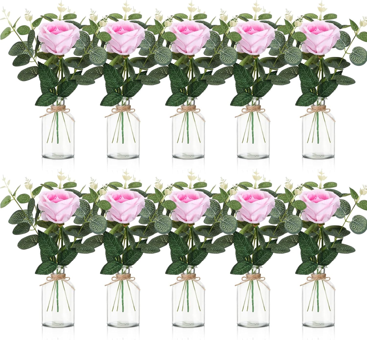 10 Set Vases Glass Centerpiece for Table 10 Small Clear Glass Vases 10 Artificial Roses 30 Leaves with Rope Flower Centerpieces for Wedding Arrangement Party Home Decoration (Pink)
