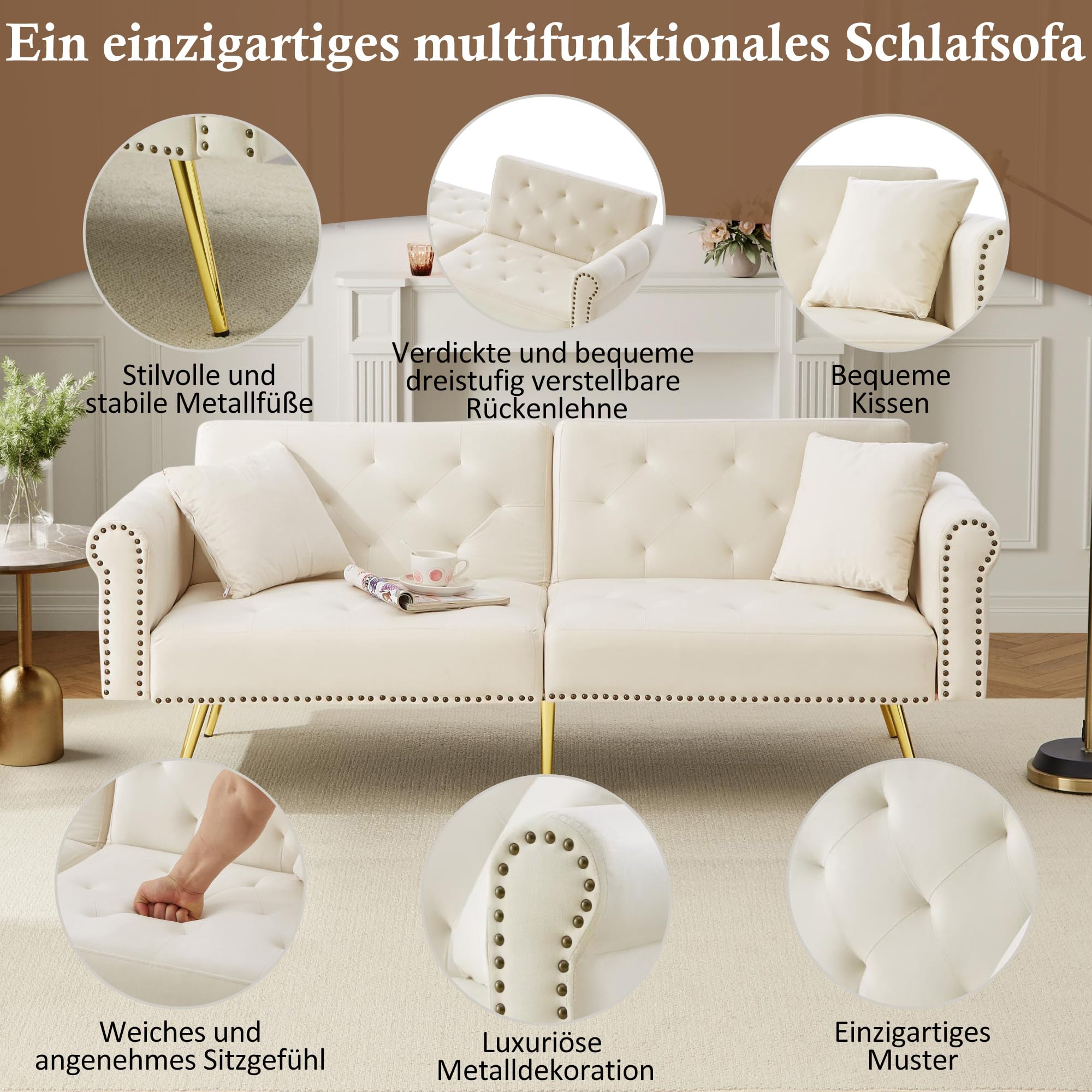 Divano Moderno a 2 Posti, Divano Letto in Velluto Beige, Schienale Regolabile a 3 Livelli, Piedini in Metallo Dorati, Ideale per Piccoli Spazi