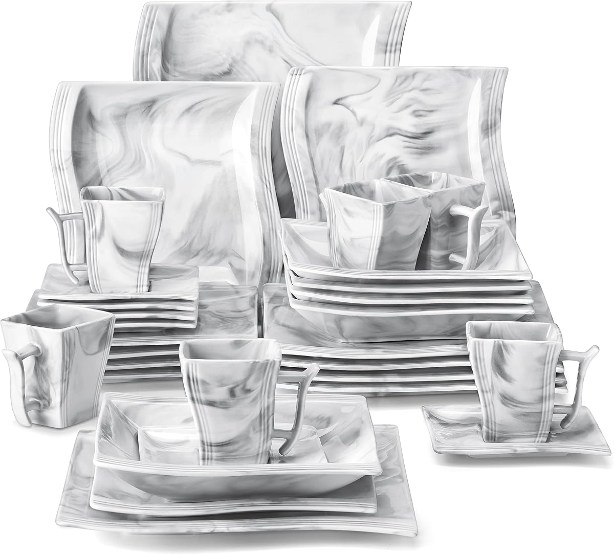 MALACASA Juego de Platos y Cuencos, 30 Piezas Vajilla de Porcelana para 6, Vajilla Cuadrada con Plato Llano, Plato de Postre, Plato Hondo, Taza y Platillo, Vajilla Moderna, Gris Mármol, Serie Flora