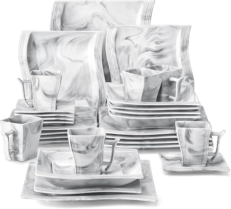MALACASA Juego de Platos y Cuencos, 30 Piezas Vajilla de Porcelana para 6, Vajilla Cuadrada con Plato Llano, Plato de Postre, Plato Hondo, Taza y Platillo, Vajilla Moderna, Gris Mármol, Serie Flora