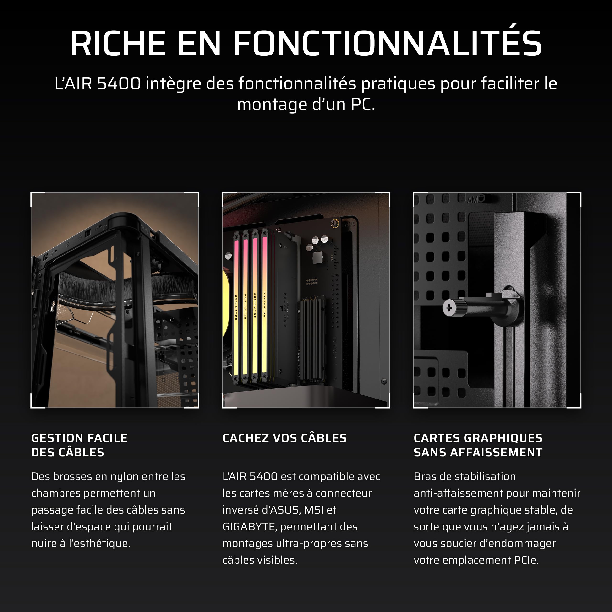 CORSAIR AIR 5400 RS-R ARGB Boîtier PC Triple Chambre Moyen-Tour – Noir | 3x Ventilateurs RS-R ARGB Inclus, Panoramique, Chambre Isolée pour AIO 360mm, Compatible Mères À Connexion Inversée