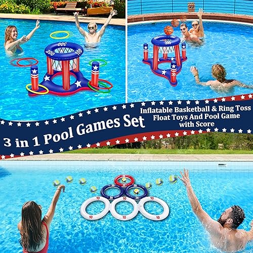 Miniatura 6 de Juego de juguetes de piscina con la bandera estadounidense, aro inflable de baloncesto flotante 2 en 1 y juego de piscina inflable para lanzar