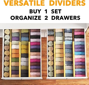 SpaceAid Bamboo Dresser Drawer Dividers 6 Pack, 4.65 High Adjustable 17-22 Drawer Organizers, Expandable Organization for Clothing, Clothes, Dressers, Natural