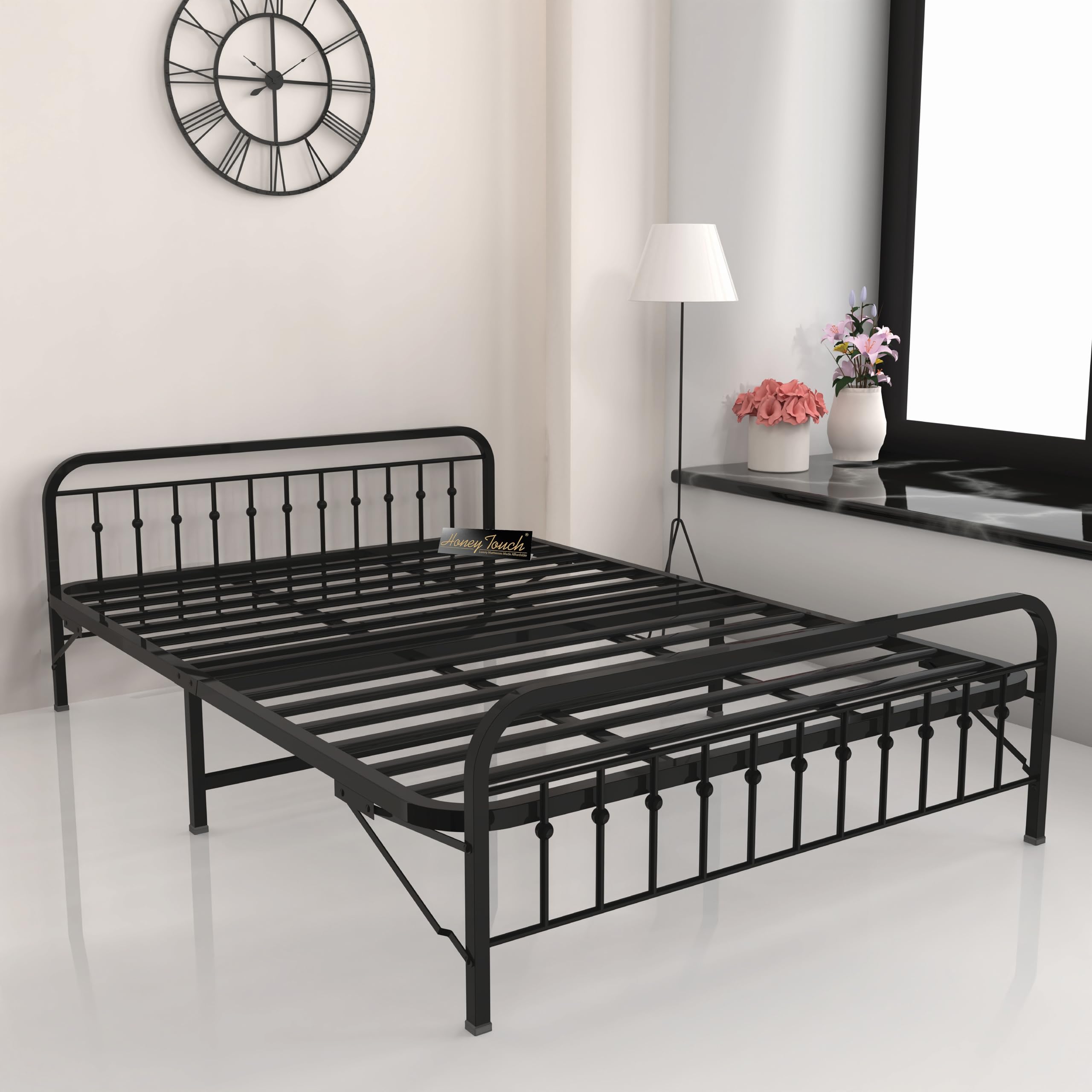 Honey Touch Double Bed | Folding Style No Assembly Required (Black) (4Ft X 6.25Ft) (Without Mattress) - Metal, Powder Coated-image-34