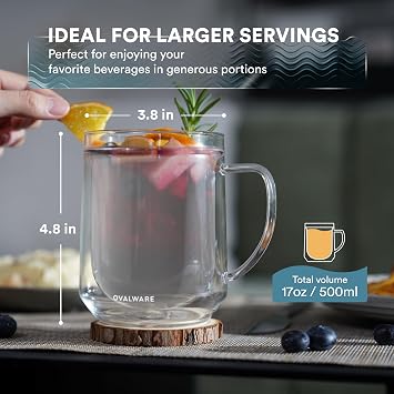 ovalware 500ml Double Wall Glass Coffee Mugs, Single Lip Mugs Made of Durable Borosilicate Glass, Insulated Coffee Mug with Handle for Hot and Cold Drinks - Frost White