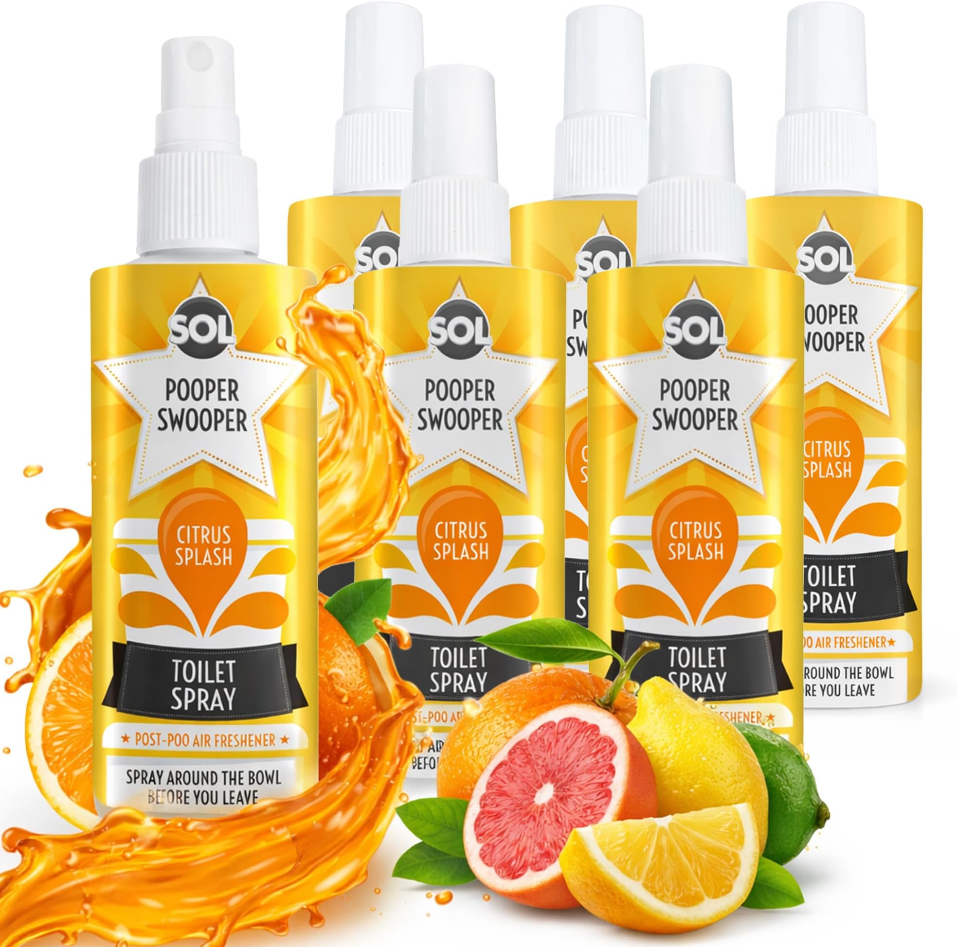 – 6pk x 60ml Pooper Swooper Toilet Spray Freshener Citrus Splash Fragrance 2,000+ Sprays per Pack, Air Refresher for Public Bathrooms, Office, Home, Travel-Friendly Cleaning Solution for Poo Odours