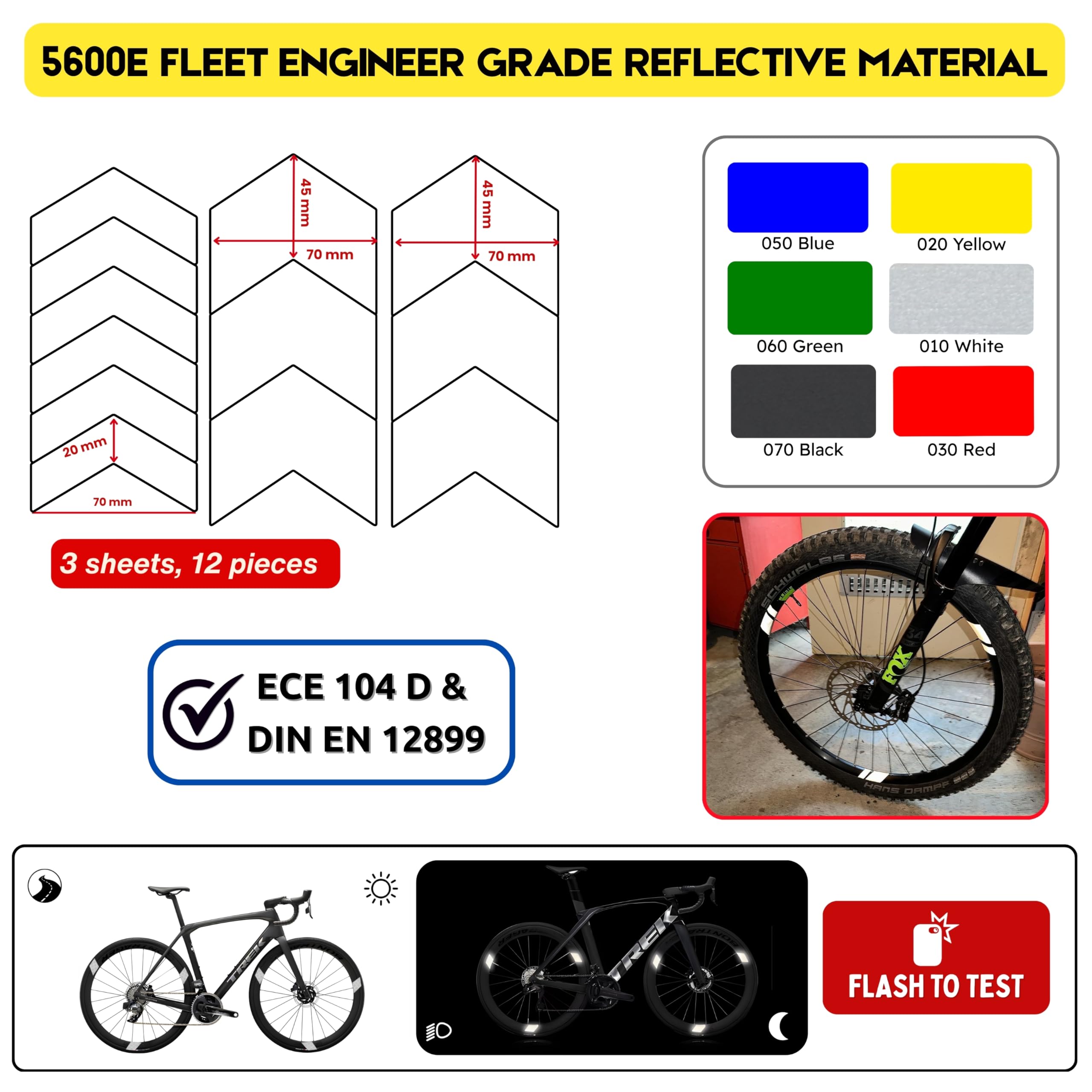 DIN67520/ECE104 realizzato con Orafol 5600 Adesivi riflettenti per cerchioni di bicicletta universali a occhi di gatto, pellicola per bicicletta, adesivi per il bordo del cerchione, pellicola