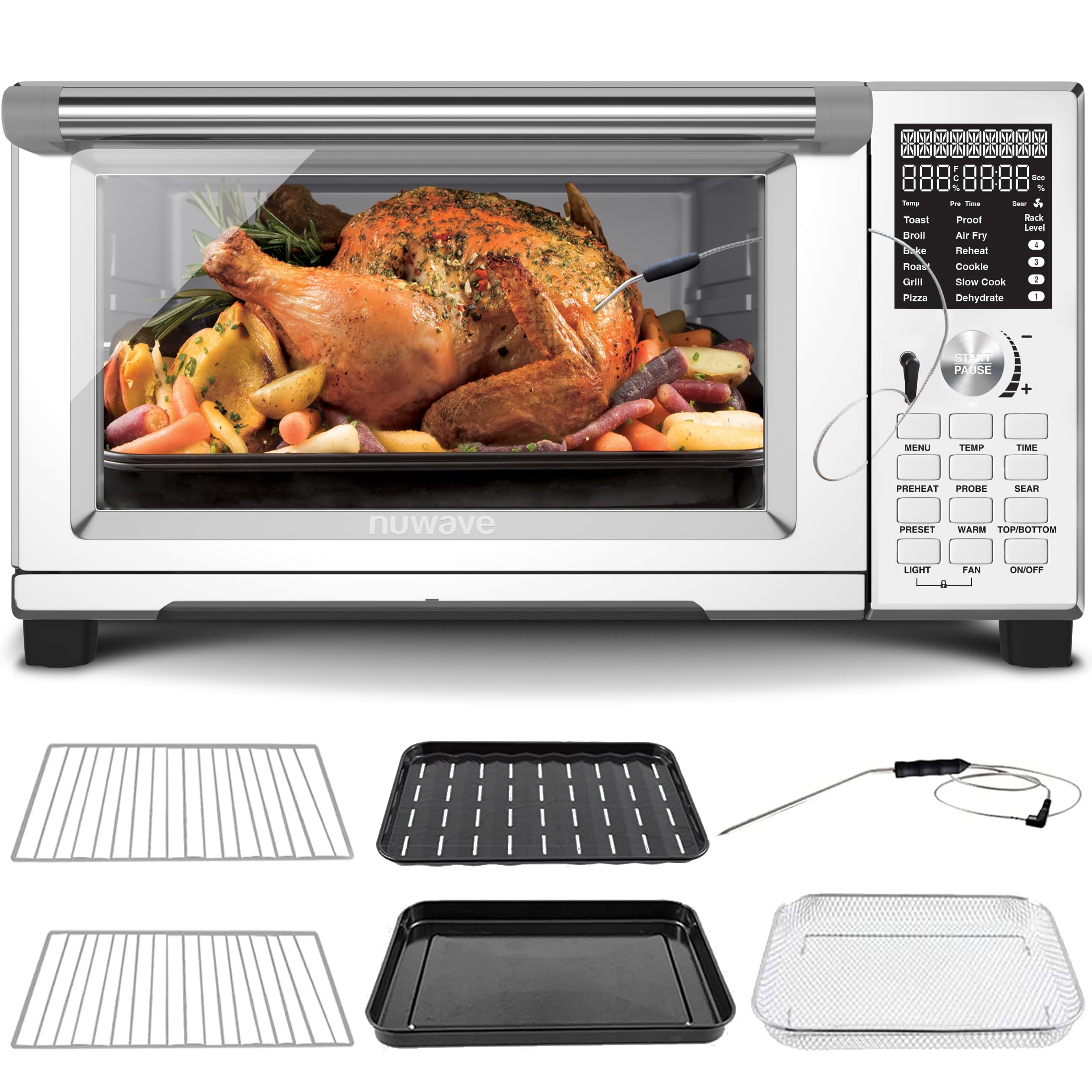 Nuwave Bravo Pro Countertop Convection Oven, 90% Less Oil, multi-Layer Cooking, Cool White Display, Integrated Probe, Improved 100% Convection, 30QT, PFAS Free
