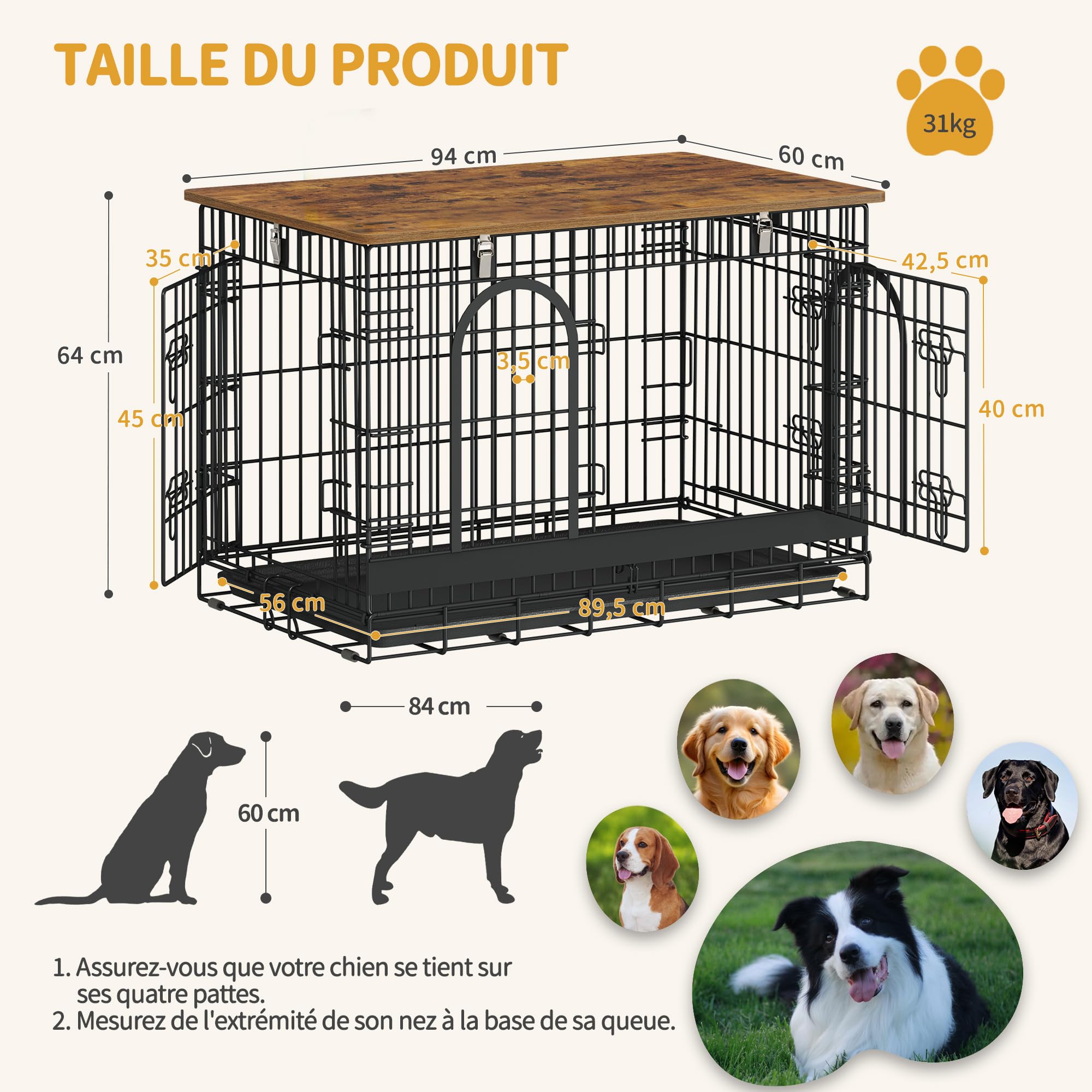Hzuaneri Cage pour Chien, 94 cm Meuble Cage Chien en Fil, Noir Marron | Cage Épaissie Usage Intérieur/Extérieur, Pliable avec plateau, Taille L pour Chiens Petits/Moyens, 94 × 60 × 64 cm, DFC98501B