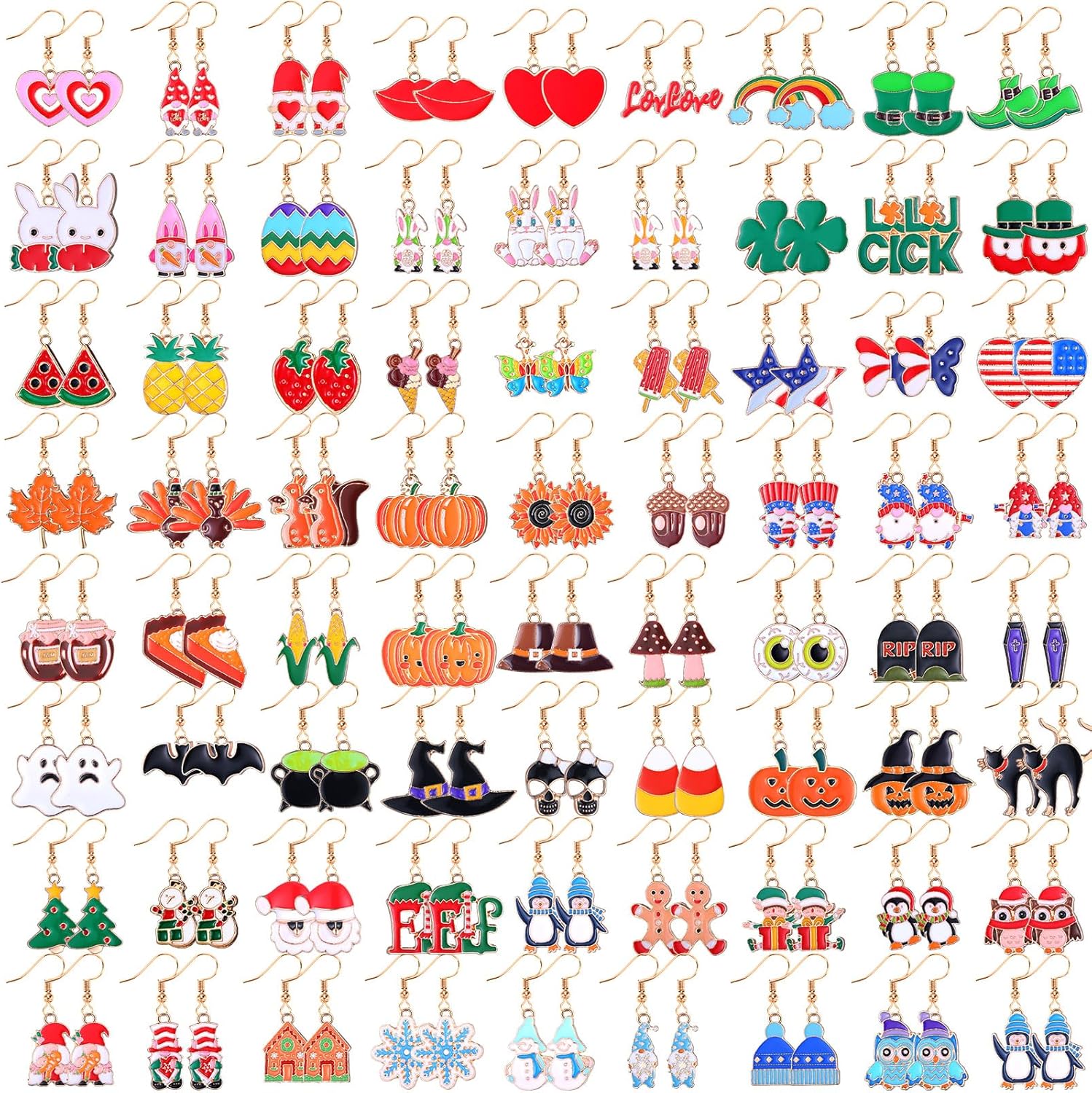Riceshoot 72 Pairs Holiday Earrings Variety Pack St. Patrick's Easter Summer Gifts Holiday Earring Bulk for Women Teacher Party Favors
