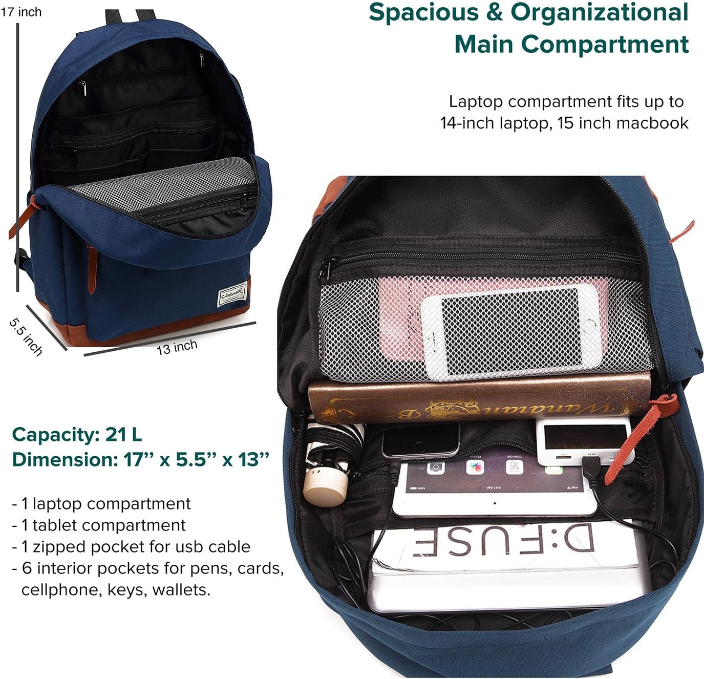 College Backpack, Water-resistent Laptop Backpack with USB Charging Port & Headphone Adapter for Men & Women Slim Anti-Theft Travel Bookbags Fits up to 14'' Computer 15'' Macbook - Blue