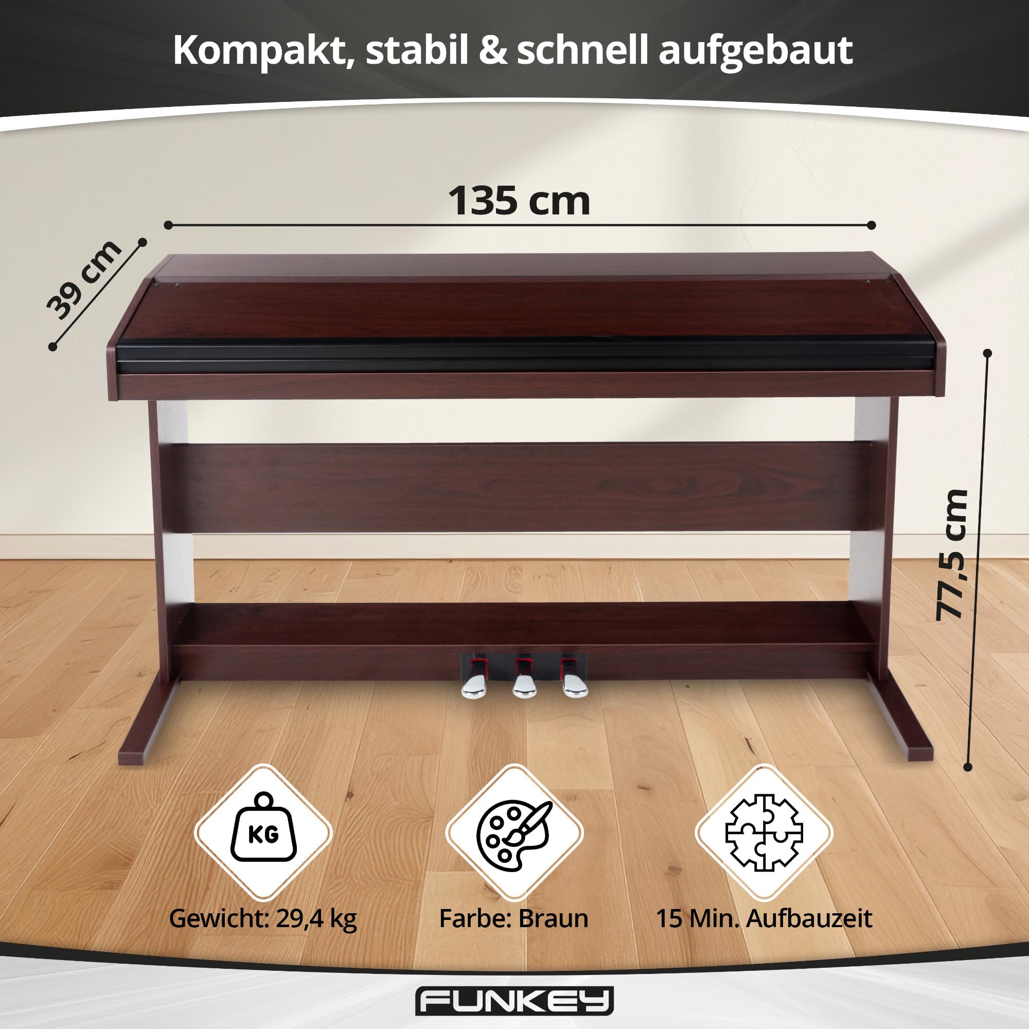 FunKey DP-88 II Digitalpiano Set (88 anschlagsdynamische Tasten, 360 Sounds, 160 Styles, MP3-Player, inkl. Keyboardbank, Kopfhörer und Klavierschule) braun